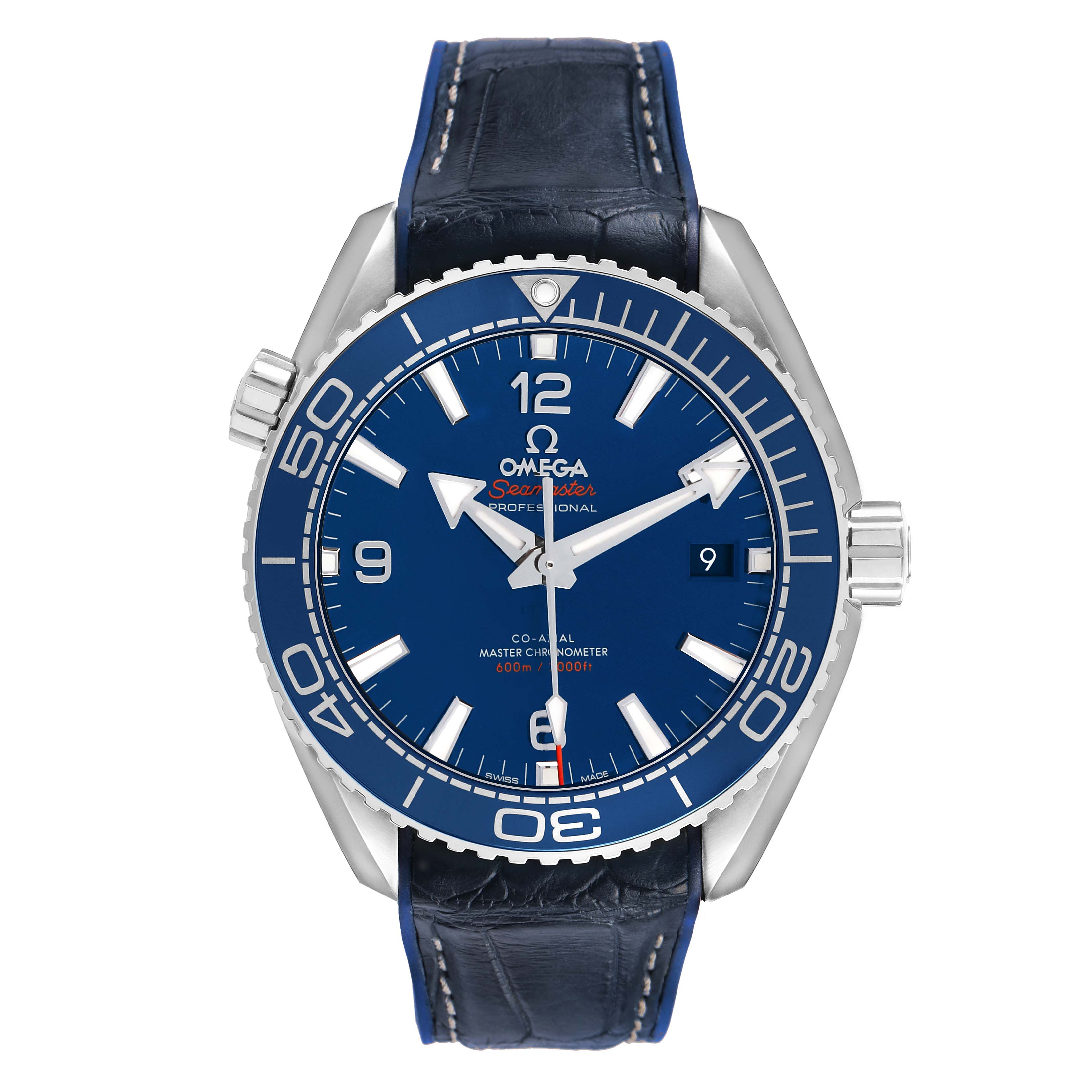 The Omega Planet Ocean 215.33.44.21.03.001 Men's Stainless Steel Blue Dial watch is shown from the front, highlighting its dial, bezel, and leather strap.
