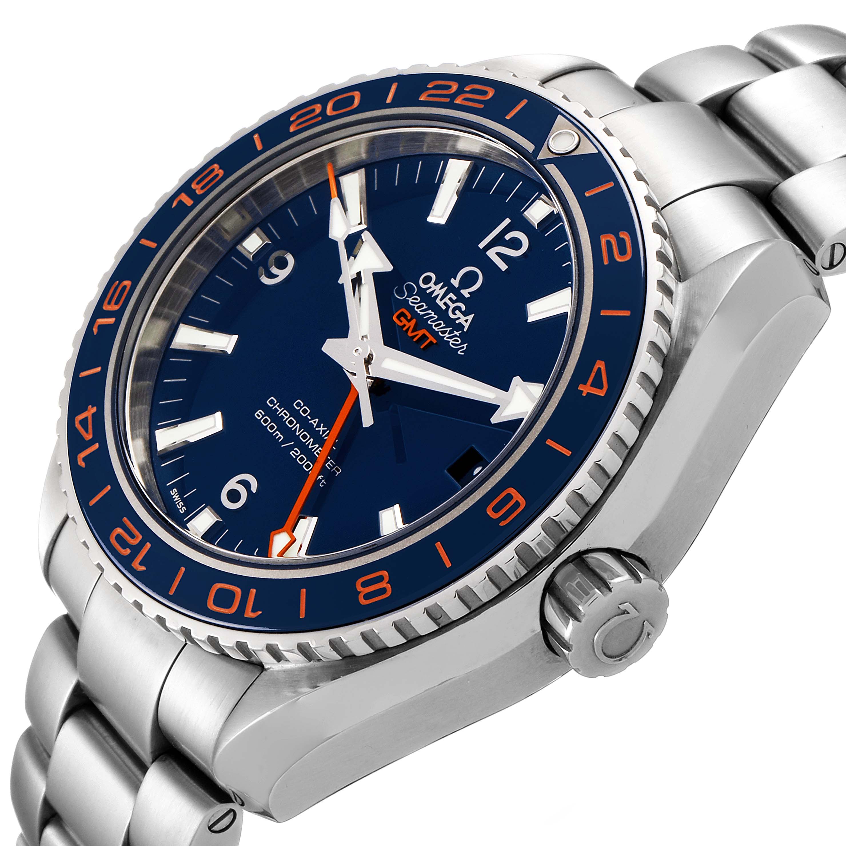 The Omega Planet Ocean 232.30.44.22.03.001 Men's Stainless Steel Blue Dial 232.30.44.22.03.001 Men's Stainless Steel Blue Dial watch is shown at an oblique angle, highlighting its dial, bezel, crown, and stainless steel bracelet.