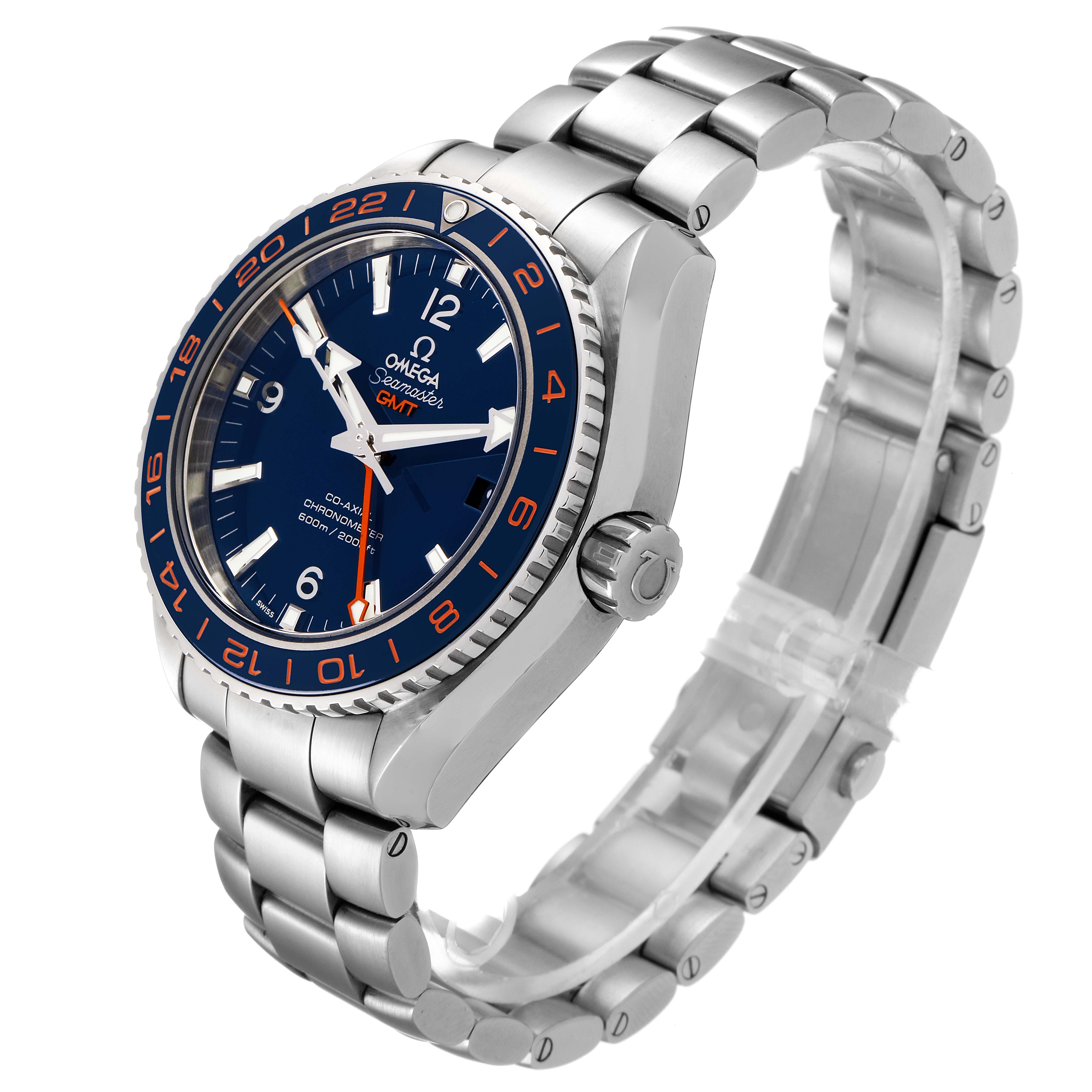 The image displays an angled view of an Omega Planet Ocean 232.30.44.22.03.001 Men's Stainless Steel Blue Dial 232.30.44.22.03.001 Men's Stainless Steel Blue Dial watch, showcasing its face, bezel, crown, and stainless steel bracelet.