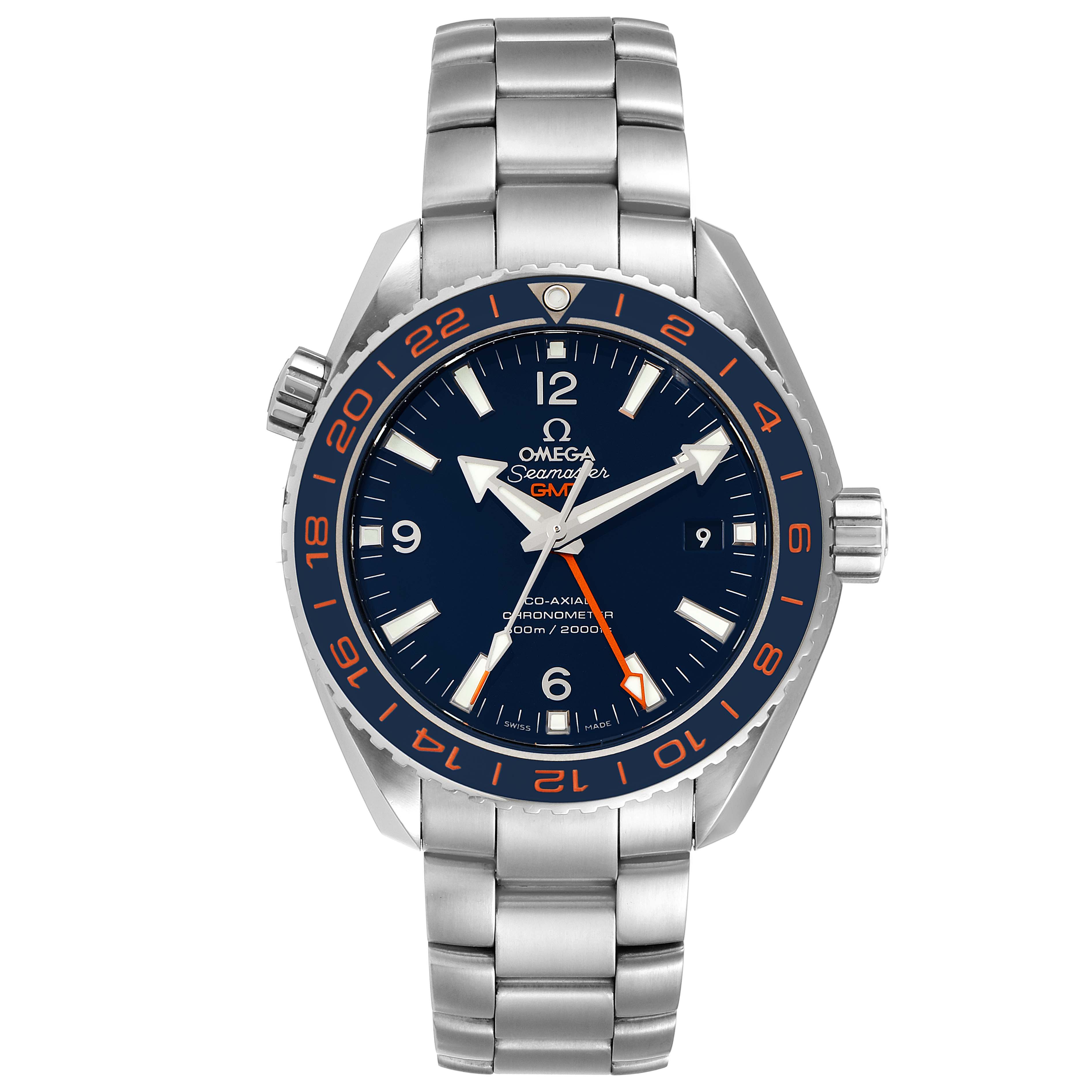 The image displays a front view of an Omega Planet Ocean 232.30.44.22.03.001 Men's Stainless Steel Blue Dial 232.30.44.22.03.001 Men's Stainless Steel Blue Dial watch with a metal bracelet and a blue dial.