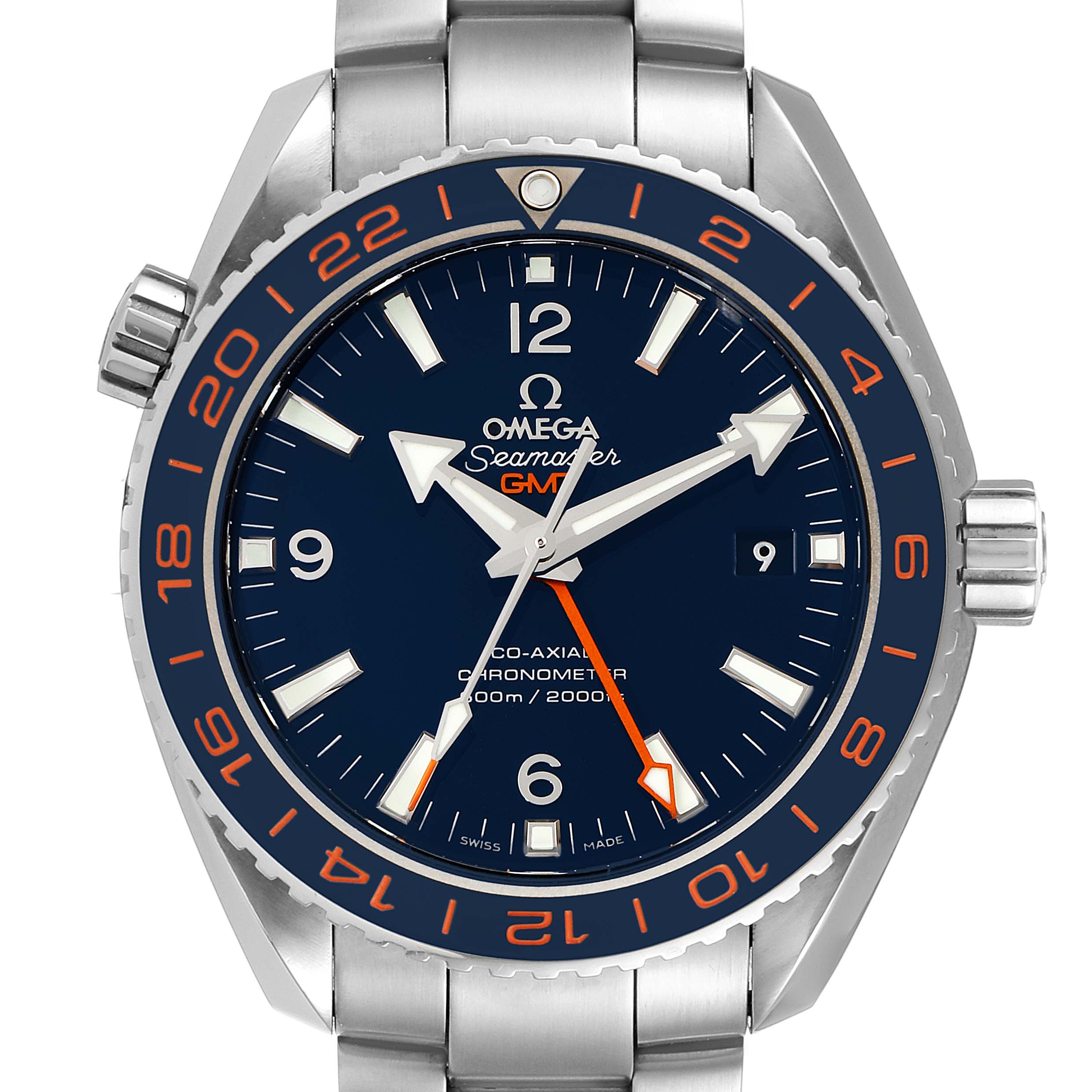 This image shows a front view of the Omega Planet Ocean 232.30.44.22.03.001 Men's Stainless Steel Blue Dial 232.30.44.22.03.001 Men's Stainless Steel Blue Dial watch, highlighting its dial, bezel, crown, and metal bracelet.