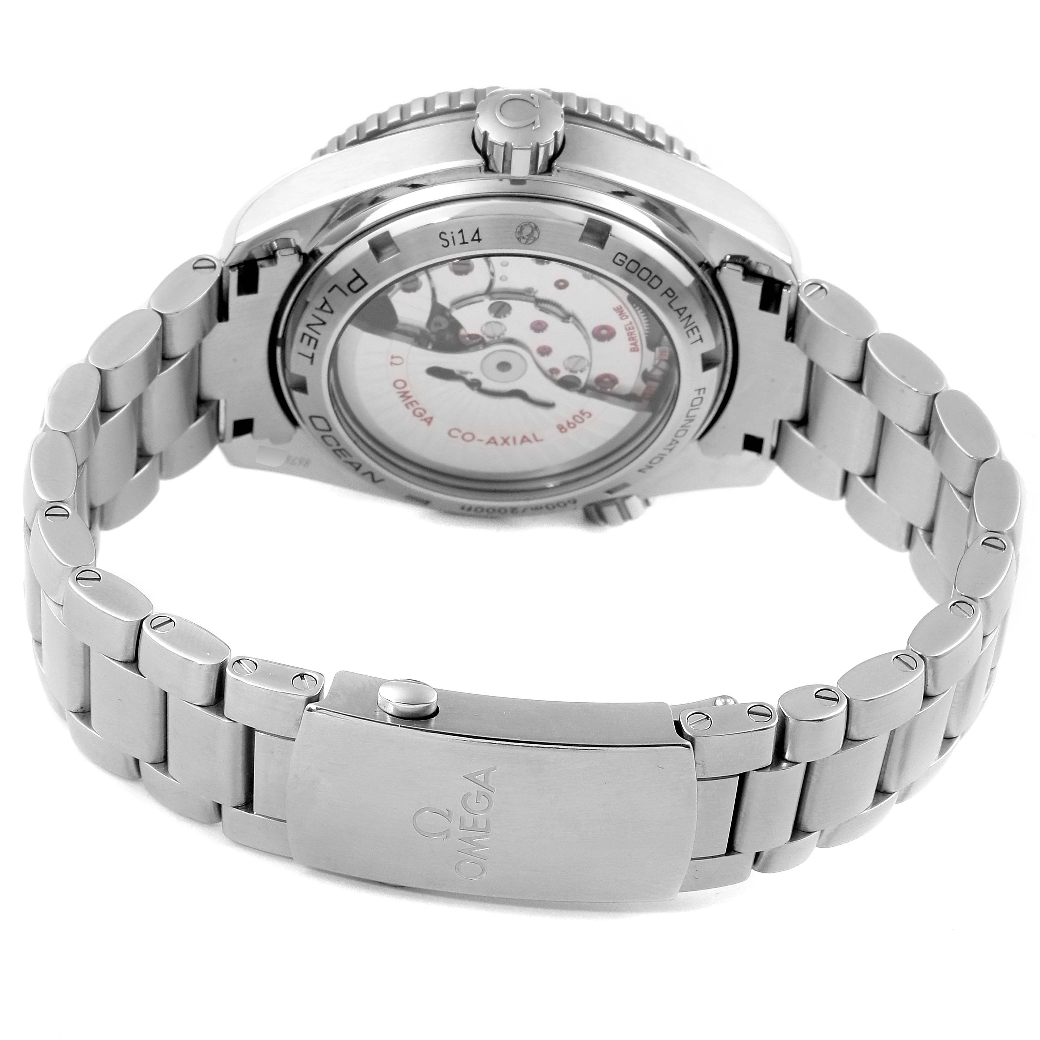 The image shows the back and side view of the Omega Planet Ocean 232.30.44.22.03.001 Men's Stainless Steel Blue Dial 232.30.44.22.03.001 Men's Stainless Steel Blue Dial watch, highlighting the transparent case back and metal bracelet.