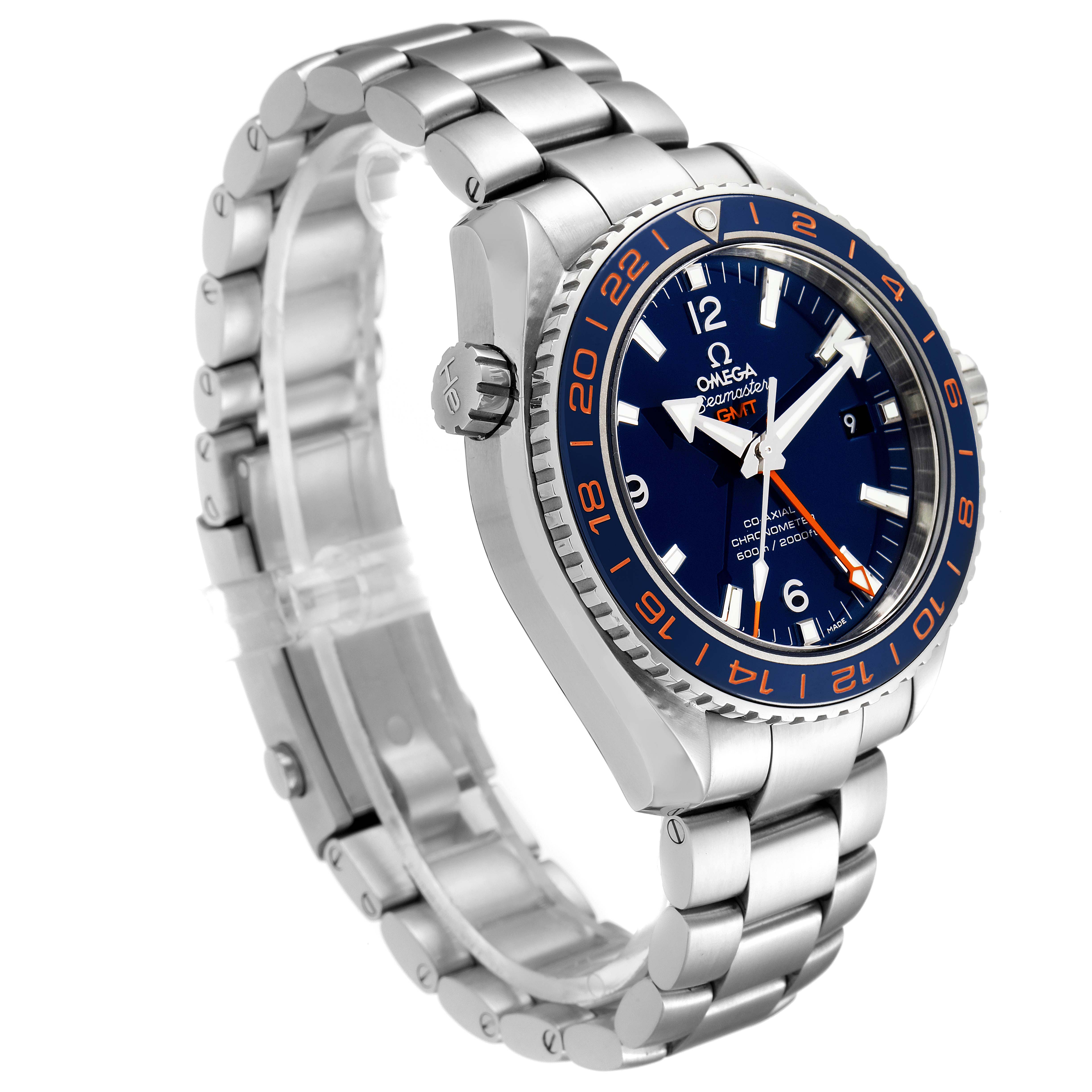 The image shows a side angle of the Omega Planet Ocean 232.30.44.22.03.001 Men's Stainless Steel Blue Dial 232.30.44.22.03.001 Men's Stainless Steel Blue Dial watch, highlighting the face, bezel, and metallic strap.