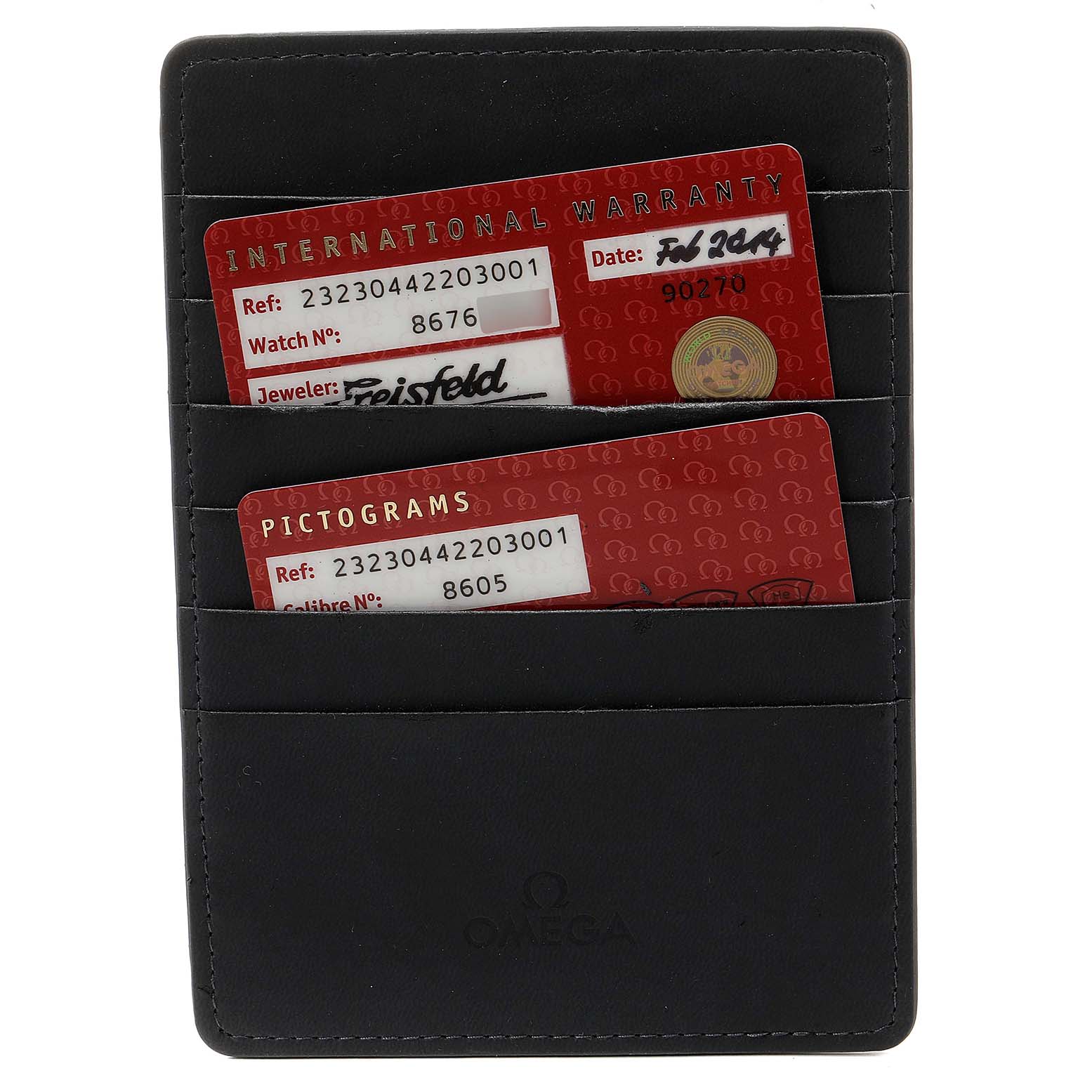 This image shows the warranty and pictogram cards in a holder for the Omega Planet Ocean 232.30.44.22.03.001 Men's Stainless Steel Blue Dial 232.30.44.22.03.001 Men's Stainless Steel Blue Dial model watch.