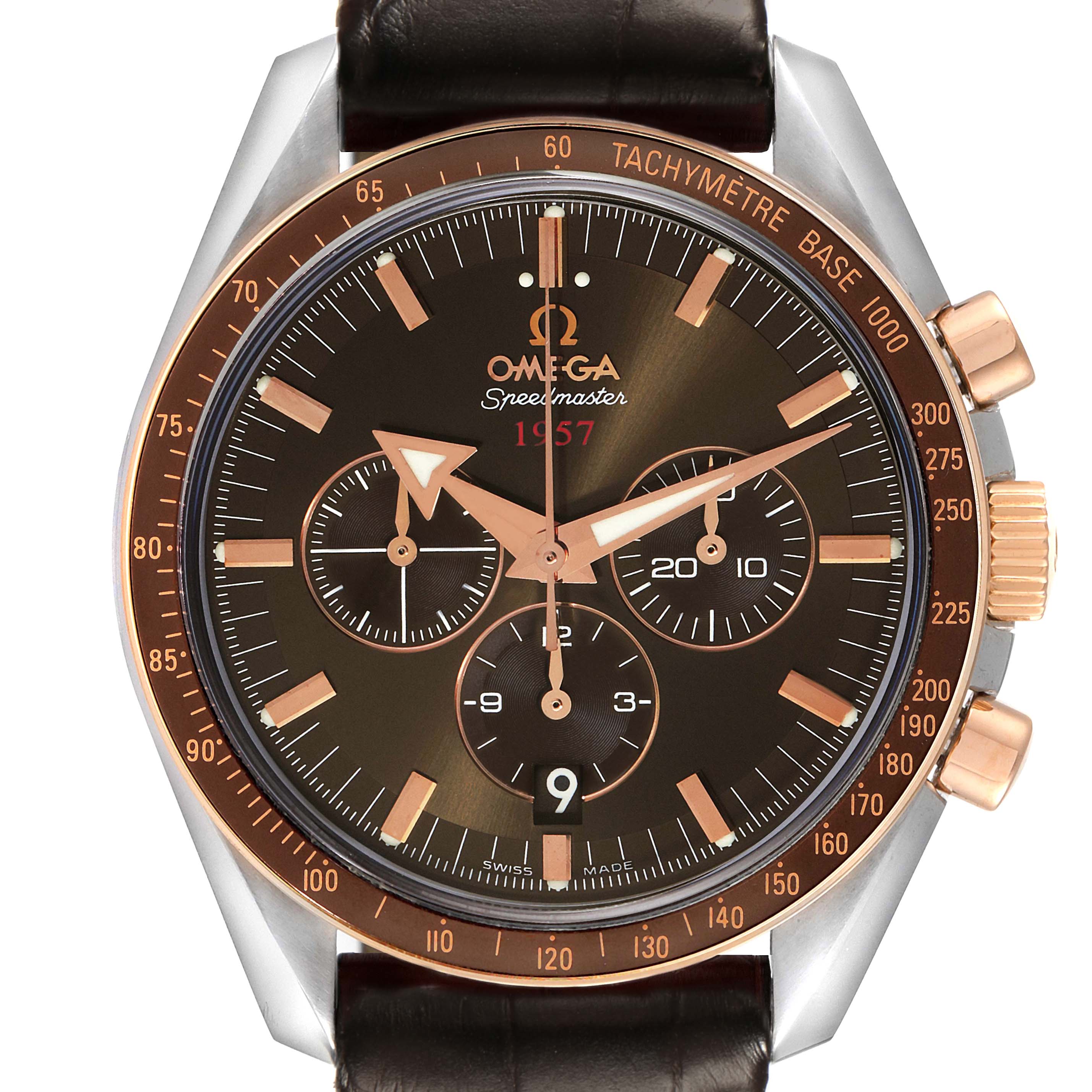 The Omega Speedmaster 321.93.42.50.13.001 Men's Steel and Gold (two tone) Brown Dial 321.93.42.50.13.001 Men's Steel and Gold (two tone) Brown Dial watch is shown front-facing, highlighting the dial, bezel, crown, pushers, and leather strap.