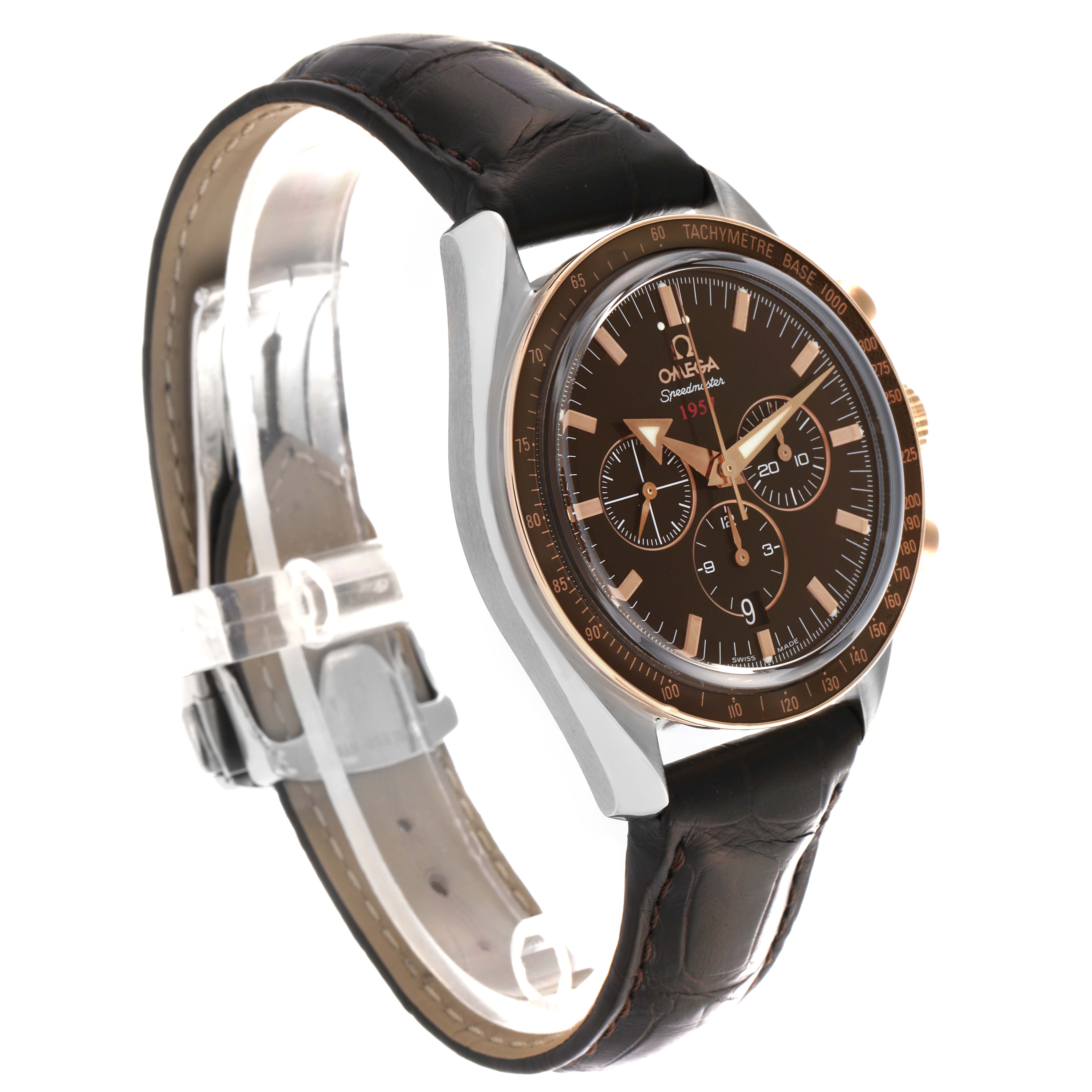 The Omega Speedmaster 321.93.42.50.13.001 Men's Steel and Gold (two tone) Brown Dial 321.93.42.50.13.001 Men's Steel and Gold (two tone) Brown Dial watch is shown at a slight side angle, displaying the dial, bezel, subdials, and brown leather strap.
