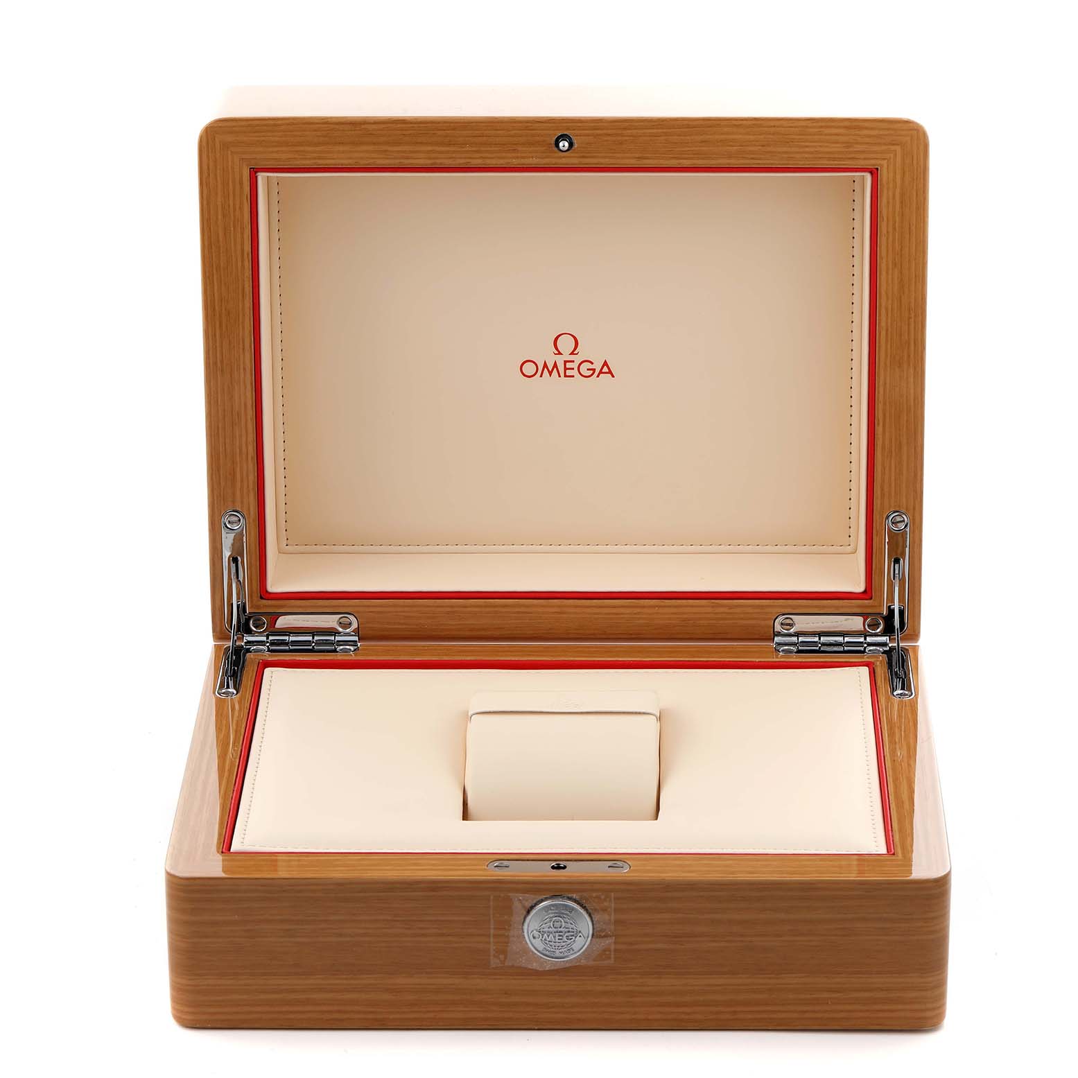 The image shows an open Omega Speedmaster 321.93.42.50.13.001 Men's Steel and Gold (two tone) Brown Dial 321.93.42.50.13.001 Men's Steel and Gold (two tone) Brown Dial watch box from the front, highlighting its interior and hinges.