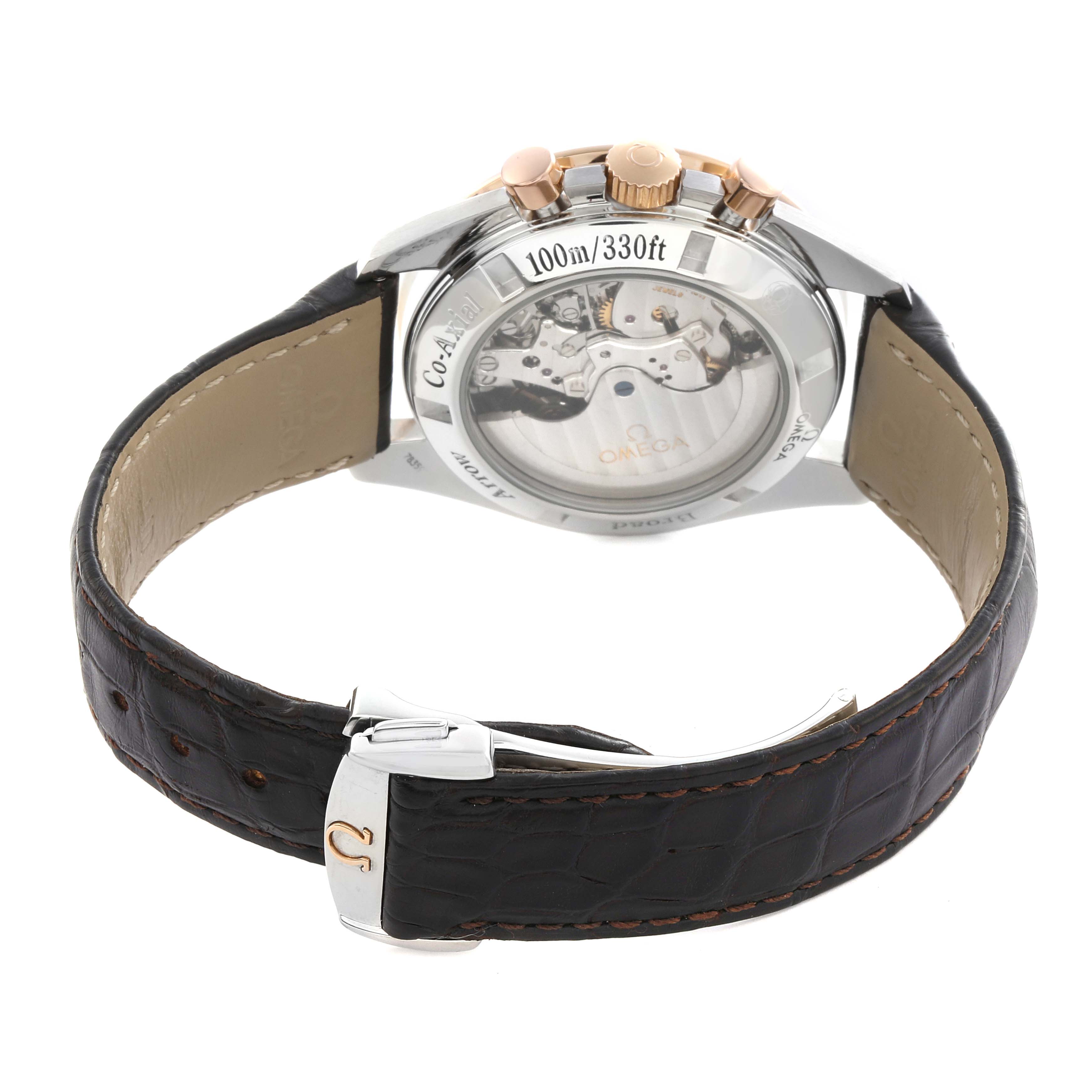 The Omega Speedmaster 321.93.42.50.13.001 Men's Steel and Gold (two tone) Brown Dial 321.93.42.50.13.001 Men's Steel and Gold (two tone) Brown Dial watch is shown from a three-quarter rear angle, highlighting the case back, crown, and strap.