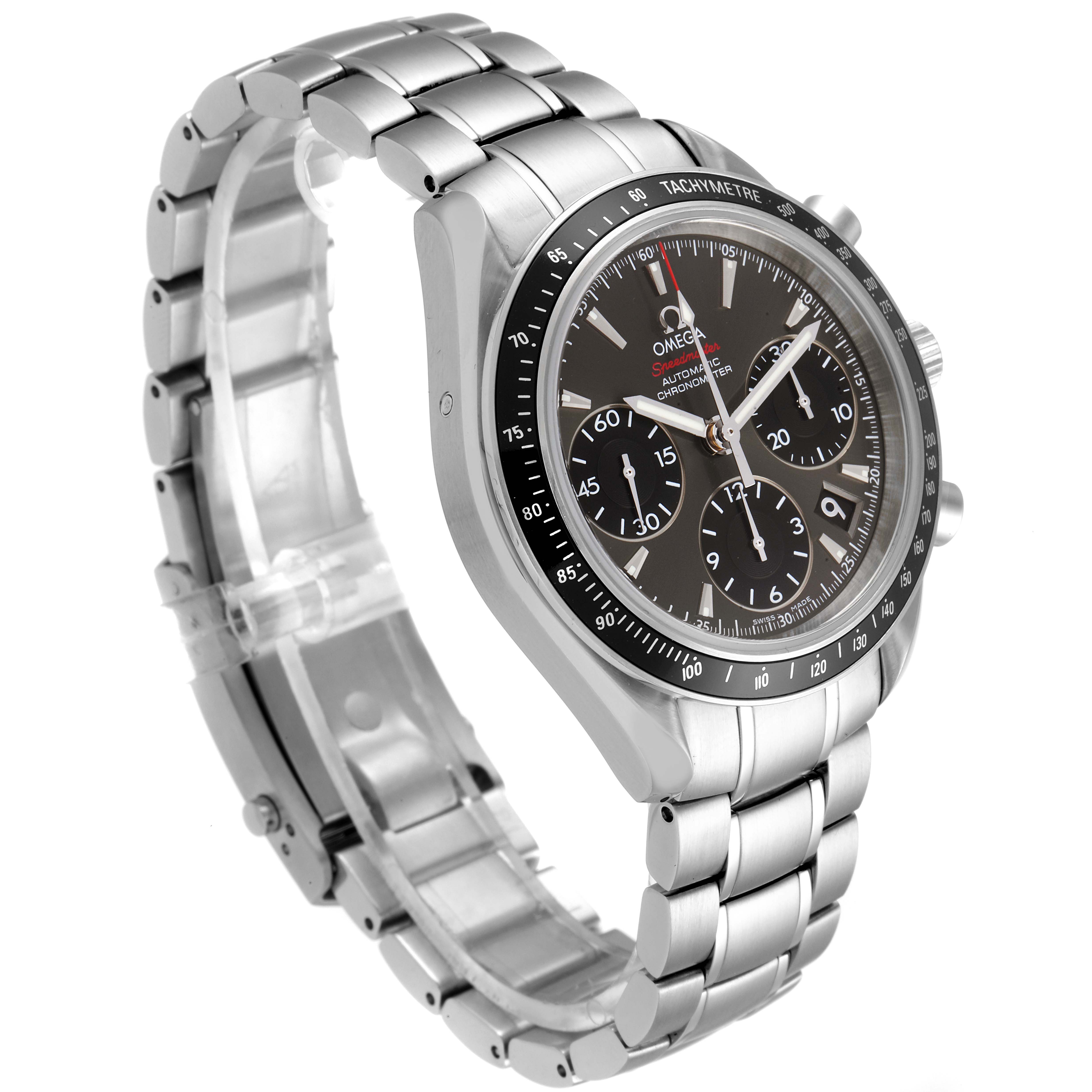 This image shows an Omega Speedmaster 323.30.40.40.06.001 Men's Stainless Steel Grey Dial 323.30.40.40.06.001 Men's Stainless Steel Grey Dial watch at a three-quarter angle, highlighting the face, bezel, and metal bracelet.