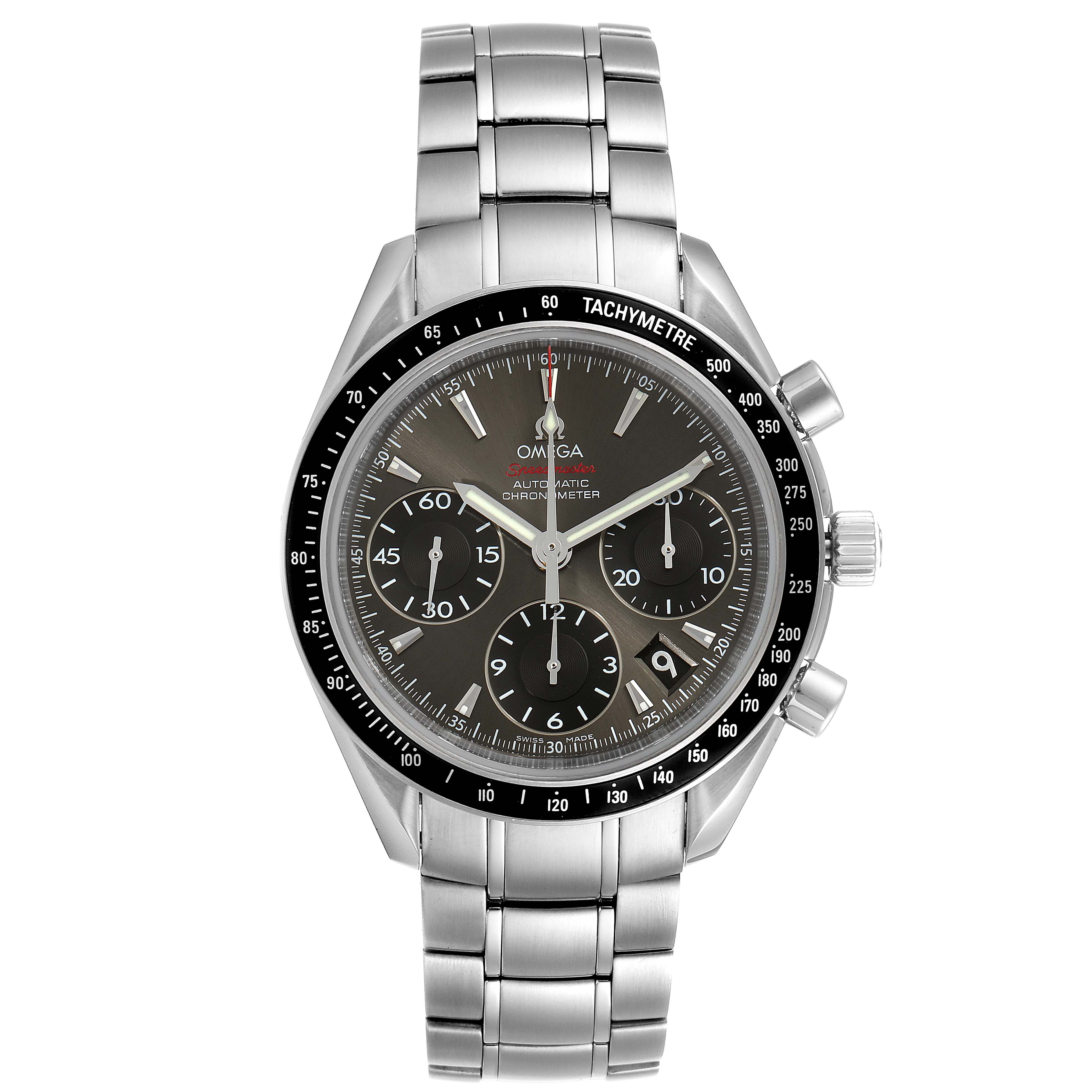 The image shows a front view of the Omega Speedmaster 323.30.40.40.06.001 Men's Stainless Steel Grey Dial 323.30.40.40.06.001 Men's Stainless Steel Grey Dial watch displaying its dial, tachymeter bezel, and stainless steel bracelet.