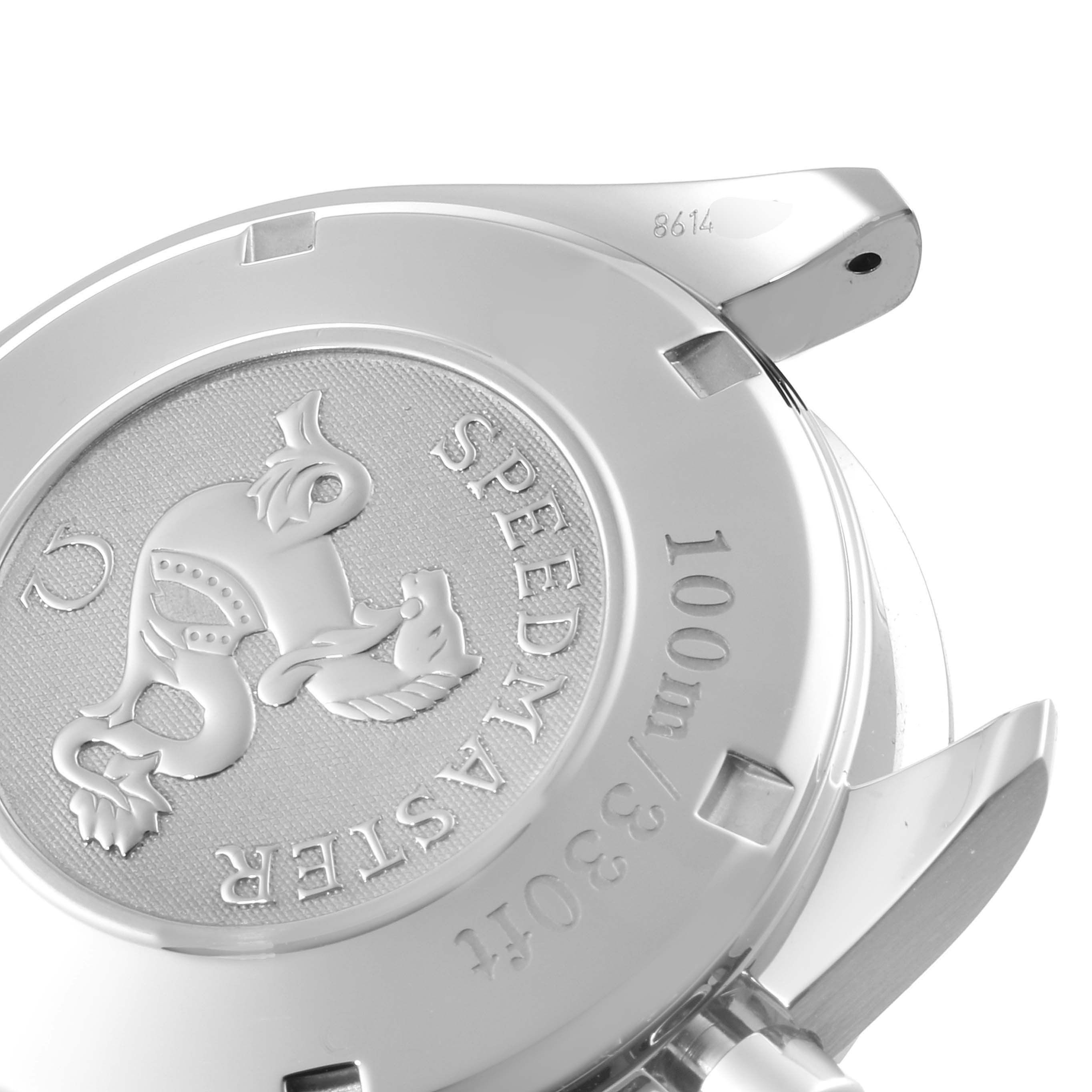 The image shows the back case of an Omega Speedmaster 323.30.40.40.06.001 Men's Stainless Steel Grey Dial 323.30.40.40.06.001 Men's Stainless Steel Grey Dial watch from a slightly angled top-down perspective.