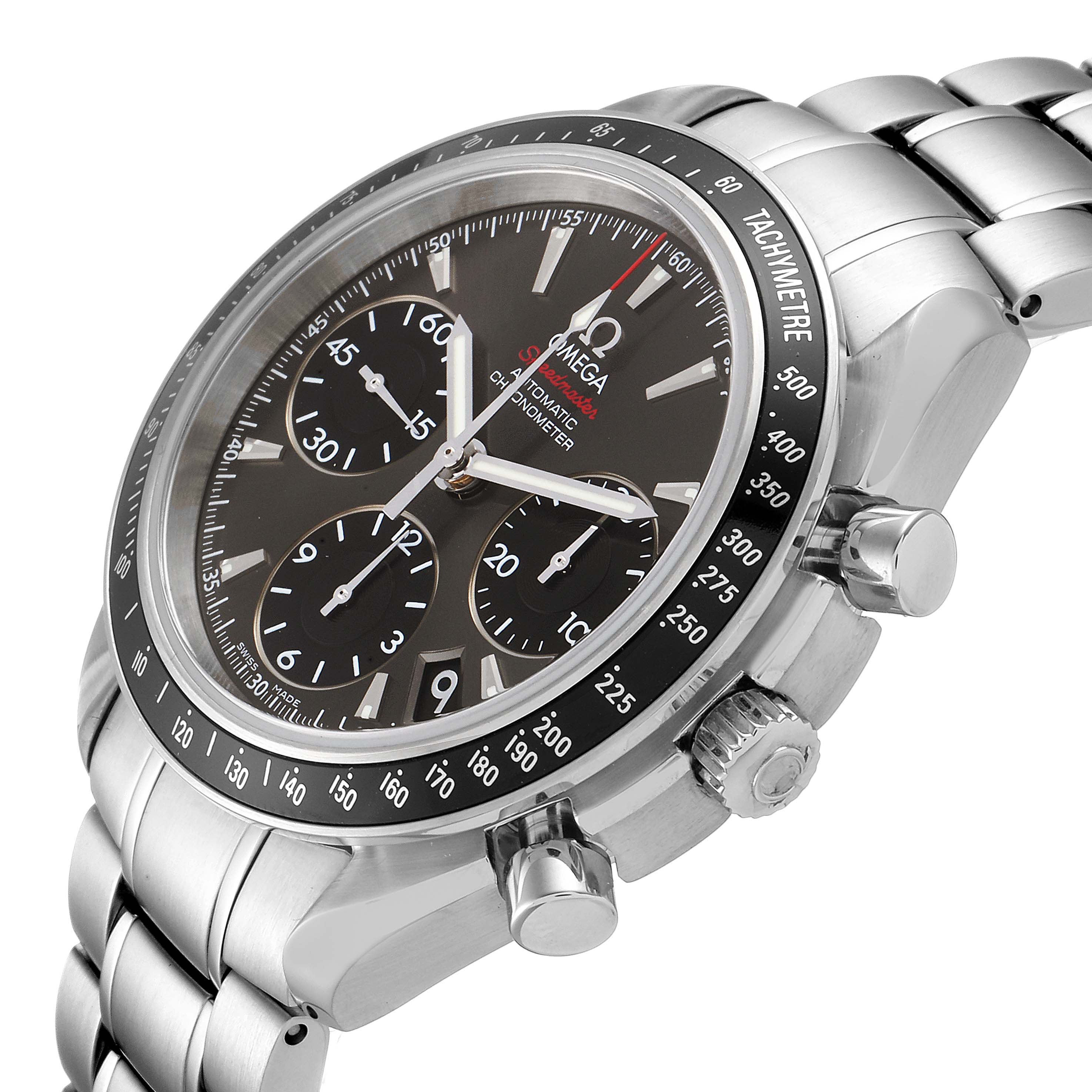 The image shows an angled view of the Omega Speedmaster 323.30.40.40.06.001 Men's Stainless Steel Grey Dial 323.30.40.40.06.001 Men's Stainless Steel Grey Dial watch, featuring its dial, bezel, crown, and pushers.