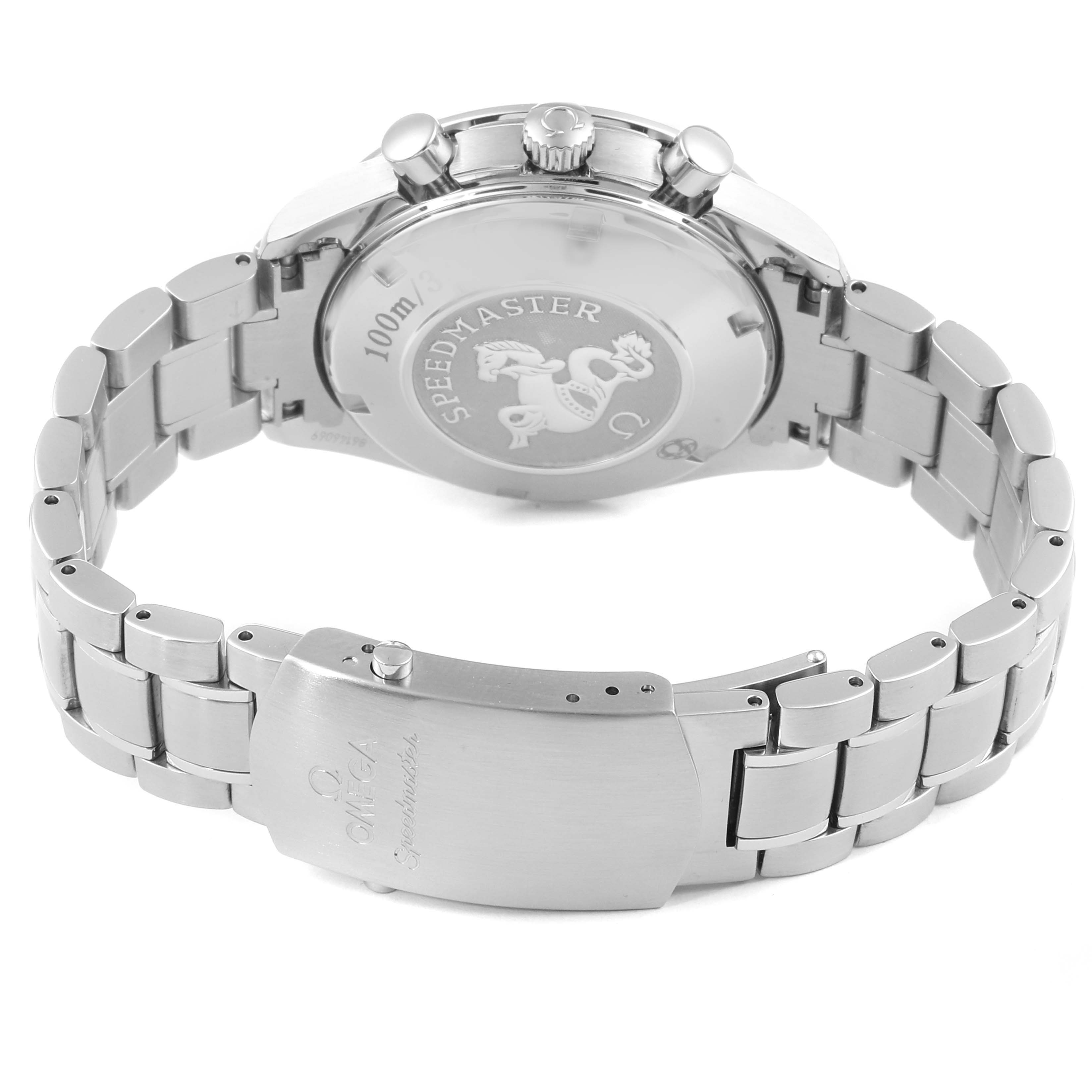 The image shows the back view of an Omega Speedmaster 323.30.40.40.06.001 Men's Stainless Steel Grey Dial 323.30.40.40.06.001 Men's Stainless Steel Grey Dial watch, highlighting the case back, bracelet, and clasp.