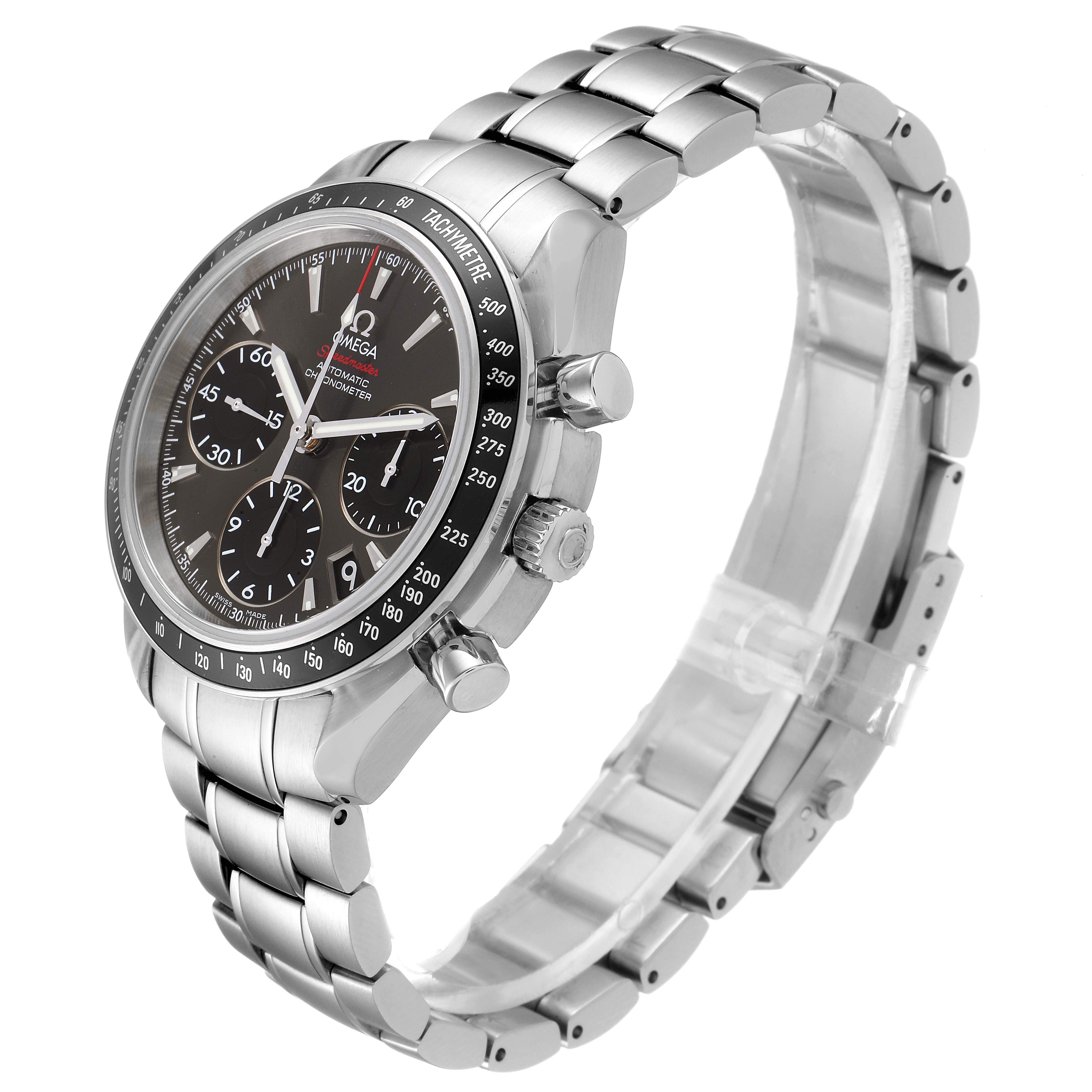 This image shows the Omega Speedmaster 323.30.40.40.06.001 Men's Stainless Steel Grey Dial 323.30.40.40.06.001 Men's Stainless Steel Grey Dial watch at a 3/4 angle, highlighting its face, bezel, crown, and stainless steel bracelet.