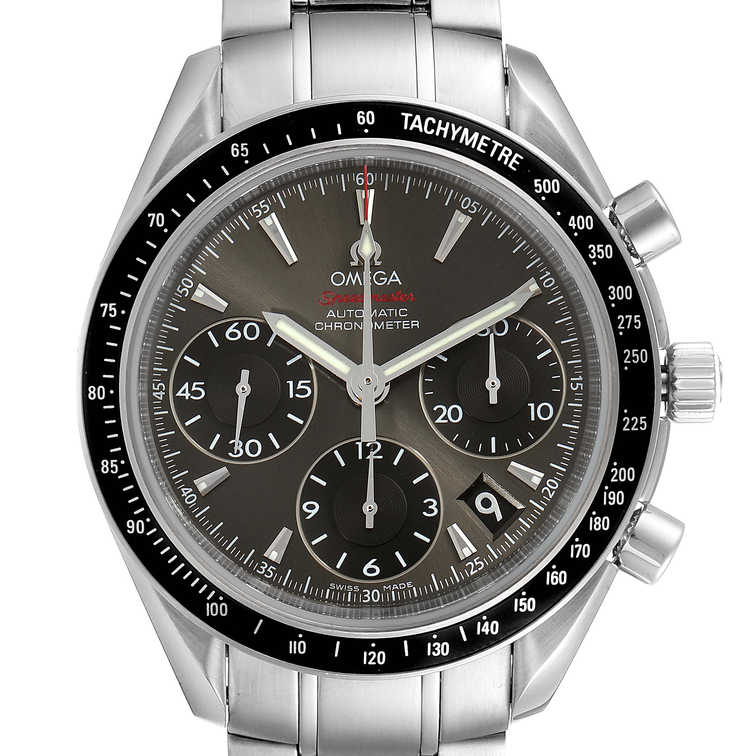 The Omega Speedmaster 323.30.40.40.06.001 Men's Stainless Steel Grey Dial 323.30.40.40.06.001 Men's Stainless Steel Grey Dial watch is shown from the front, displaying the dial, chronograph subdials, and stainless steel bracelet.