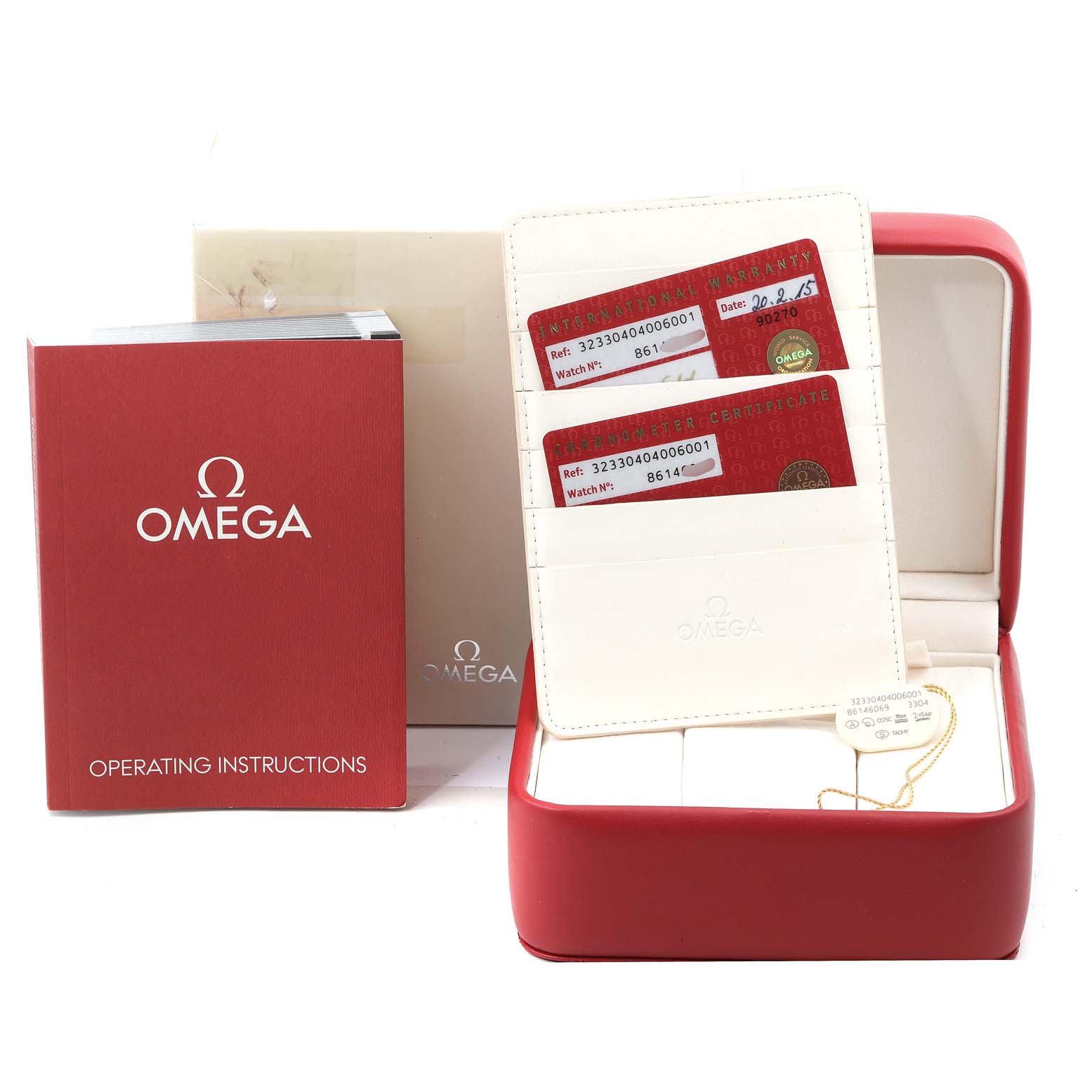 The image shows the watch accessories for an Omega Speedmaster 323.30.40.40.06.001 Men's Stainless Steel Grey Dial 323.30.40.40.06.001 Men's Stainless Steel Grey Dial, including the operating instructions, warranty cards, and box.