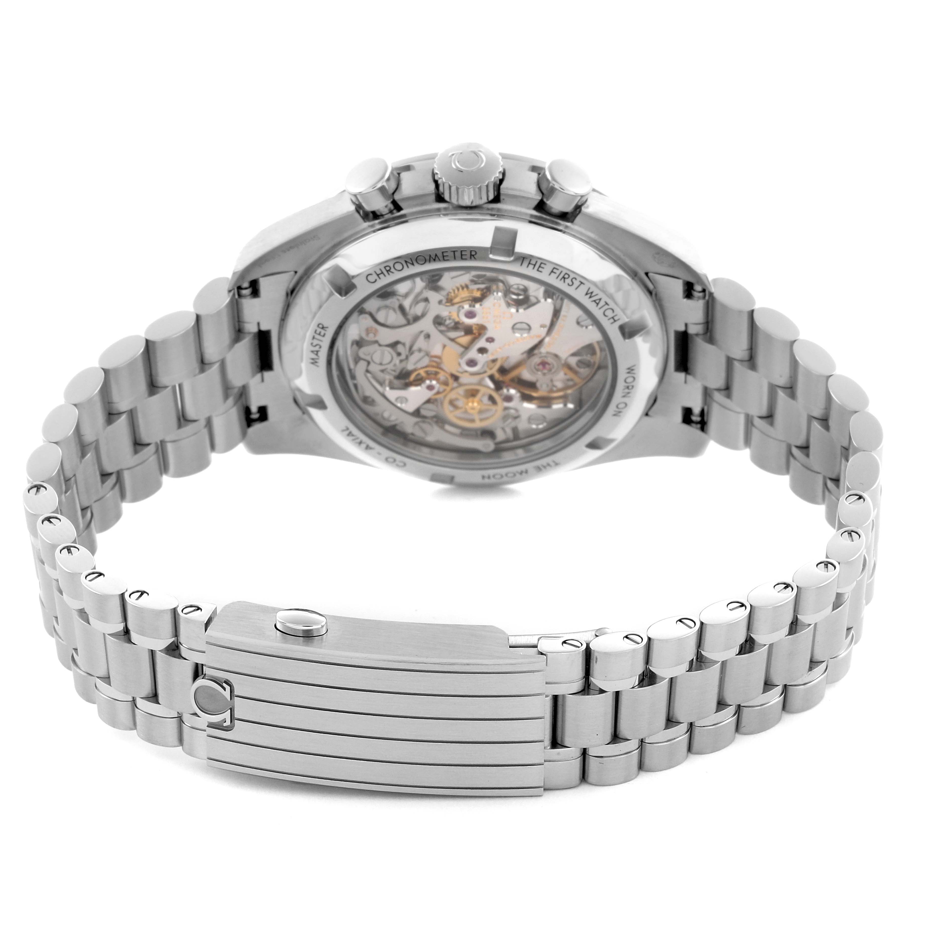 The Omega Speedmaster 310.30.42.50.01.002 Men
s Stainless Steel Black Dial 310.30.42.50.01.002 Men
s Stainless Steel Black Dial watch is shown from the back, highlighting its transparent case back and stainless steel bracelet.