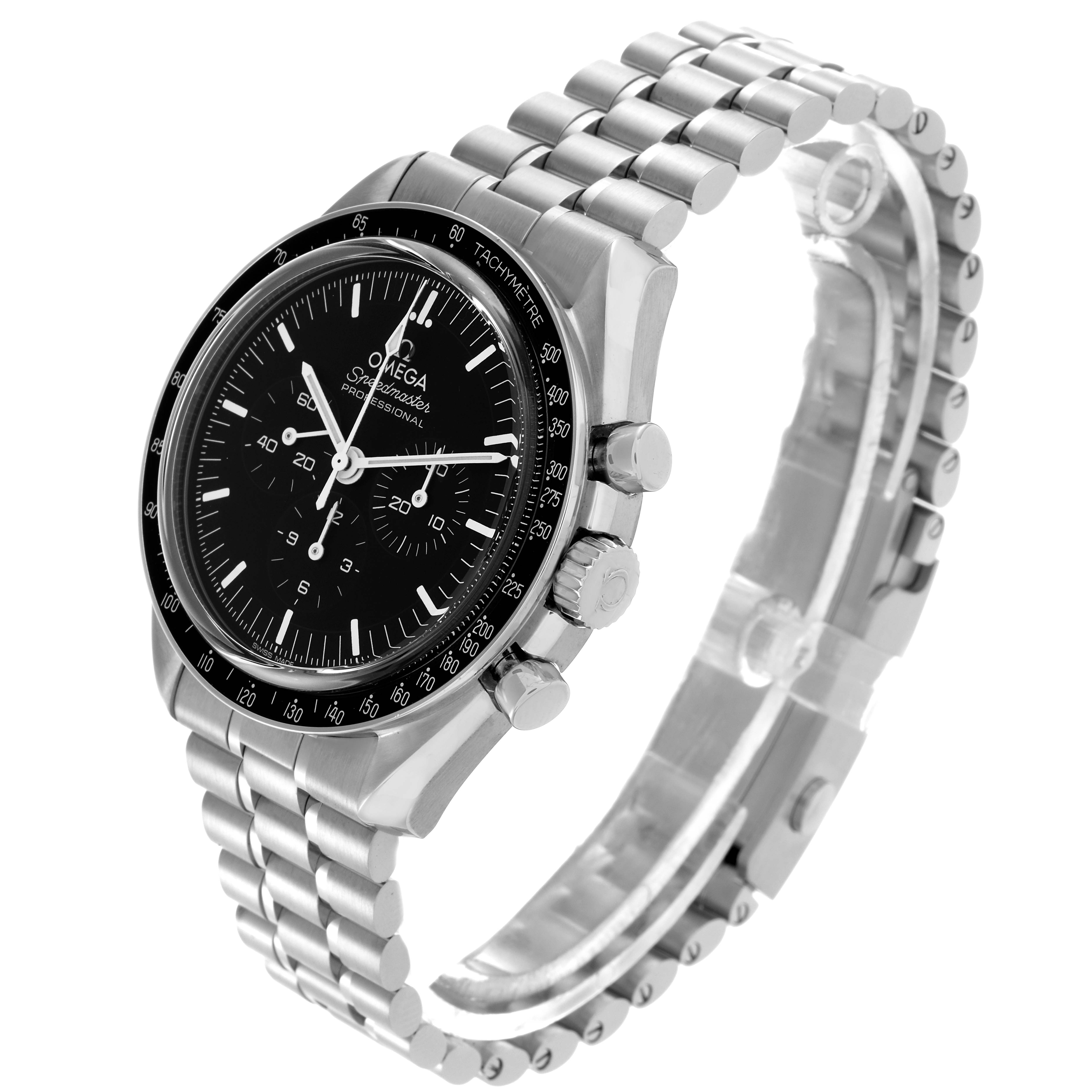 The Omega Speedmaster 310.30.42.50.01.002 Men
s Stainless Steel Black Dial 310.30.42.50.01.002 Men
s Stainless Steel Black Dial watch is shown at a slight side angle, highlighting the face, bezel, crown, and bracelet.