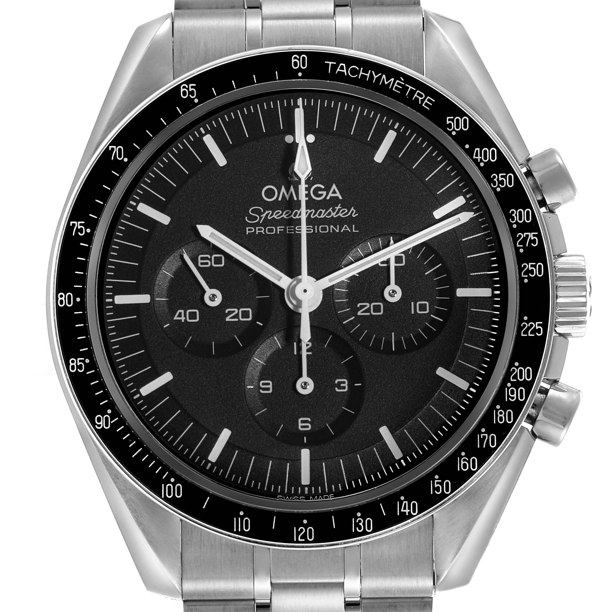 The Omega Speedmaster 310.30.42.50.01.002 Men
s Stainless Steel Black Dial 310.30.42.50.01.002 Men
s Stainless Steel Black Dial watch is shown from a front angle, displaying the dial, tachymeter bezel, and chronograph subdials.