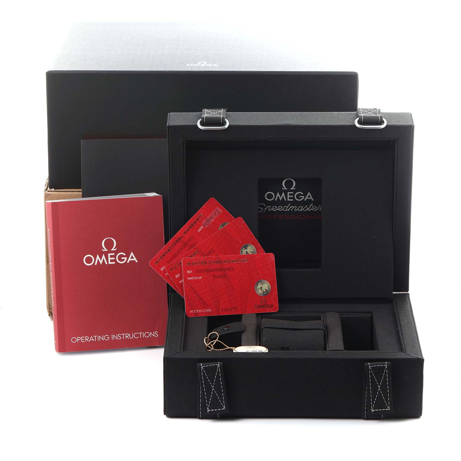 The image shows the Omega Speedmaster 310.30.42.50.01.002 Men
s Stainless Steel Black Dial 310.30.42.50.01.002 Men
s Stainless Steel Black Dial watch packaging with its box, instruction booklet, and red cards, viewed from the front.