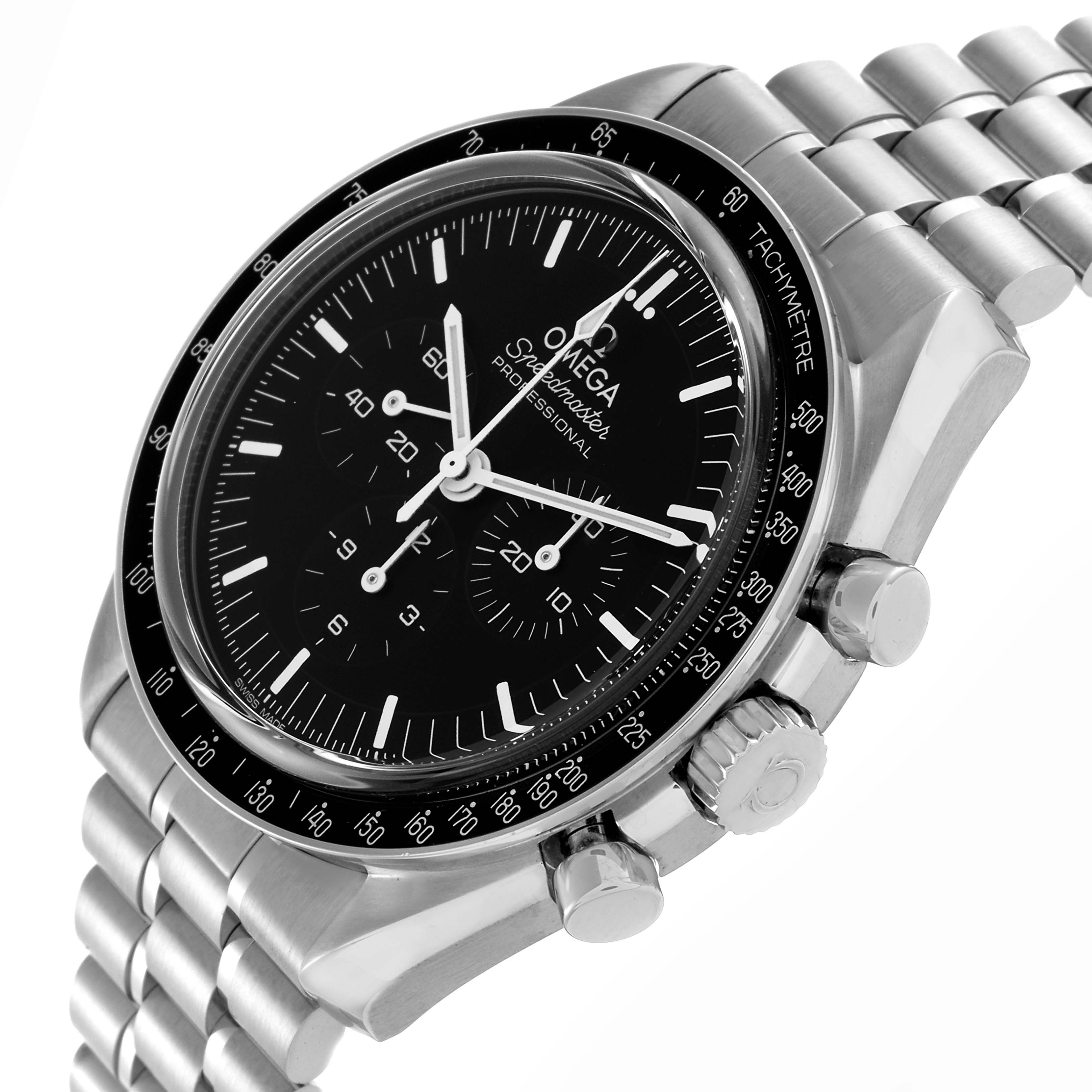 The Omega Speedmaster 310.30.42.50.01.002 Men
s Stainless Steel Black Dial 310.30.42.50.01.002 Men
s Stainless Steel Black Dial watch is shown at a slight angle, highlighting the dial, bezel, crown, chronograph pushers, and bracelet.