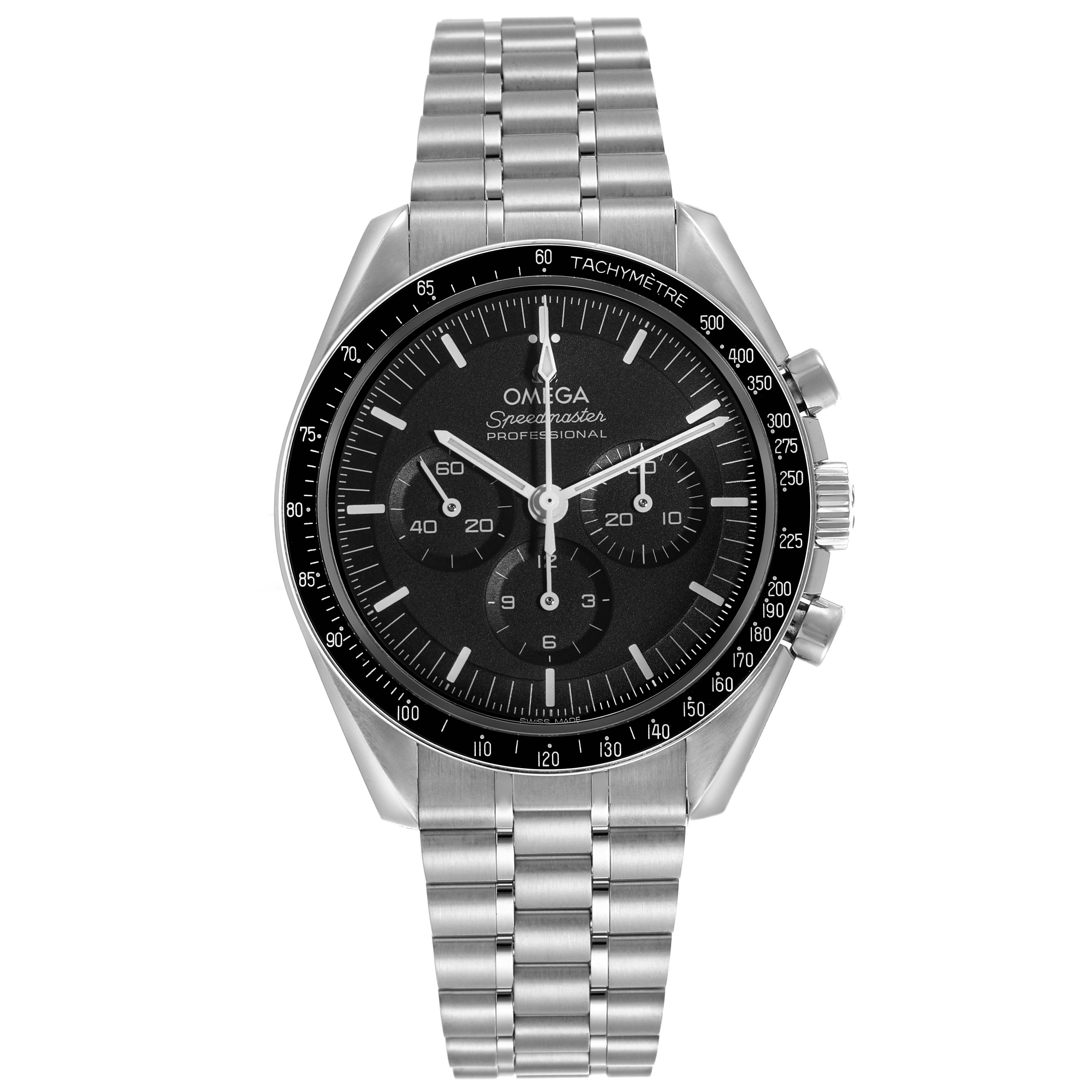 The Omega Speedmaster 310.30.42.50.01.002 Men
s Stainless Steel Black Dial 310.30.42.50.01.002 Men
s Stainless Steel Black Dial watch is shown from the front, displaying the dial, tachymeter bezel, and stainless steel bracelet.
