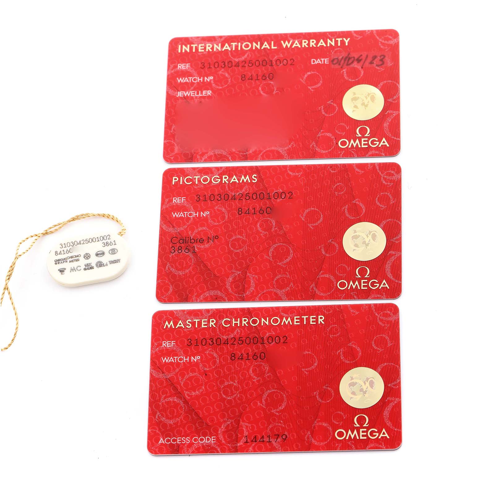 The image shows three Omega Speedmaster 310.30.42.50.01.002 Men
s Stainless Steel Black Dial 310.30.42.50.01.002 Men
s Stainless Steel Black Dial warranty and certification cards, along with a matching tag.