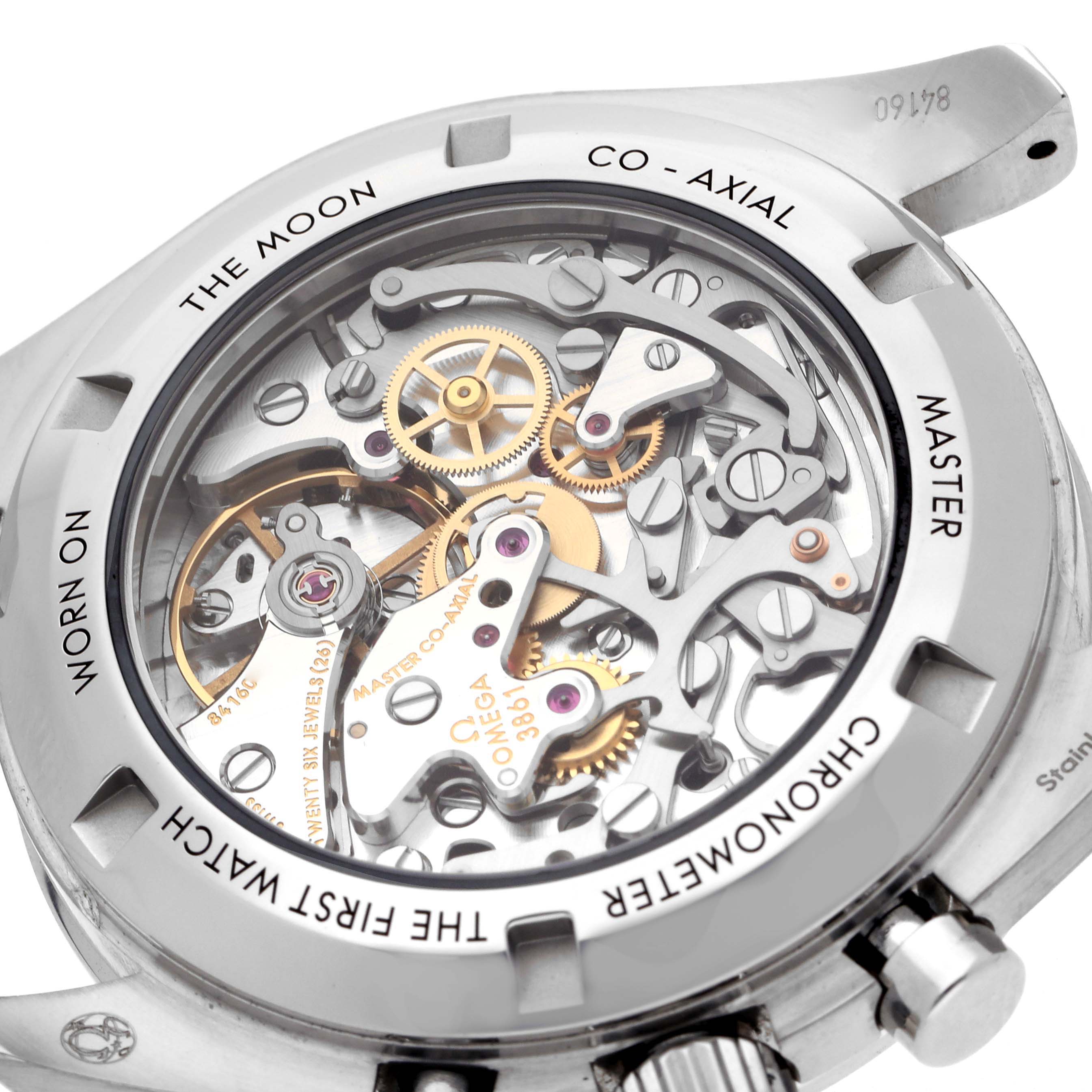 The Omega Speedmaster 310.30.42.50.01.002 Men
s Stainless Steel Black Dial 310.30.42.50.01.002 Men
s Stainless Steel Black Dial is shown from the back, highlighting its intricate mechanical movement.