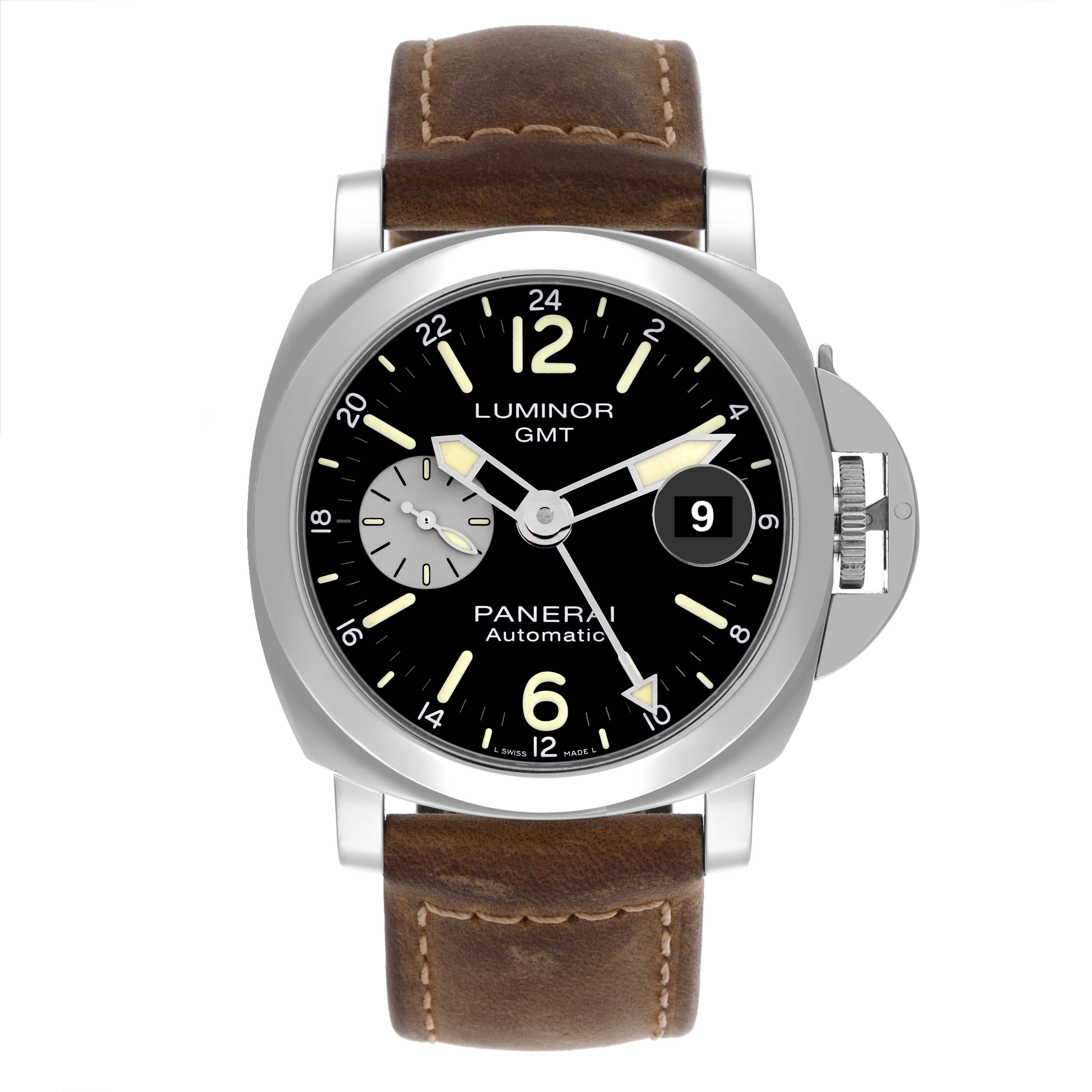 The Panerai Luminor PAM01088 Men's Stainless Steel Black Dial PAM01088 Men's Stainless Steel Black Dial watch is shown from the front, highlighting its dial, hands, date display, and brown leather strap.