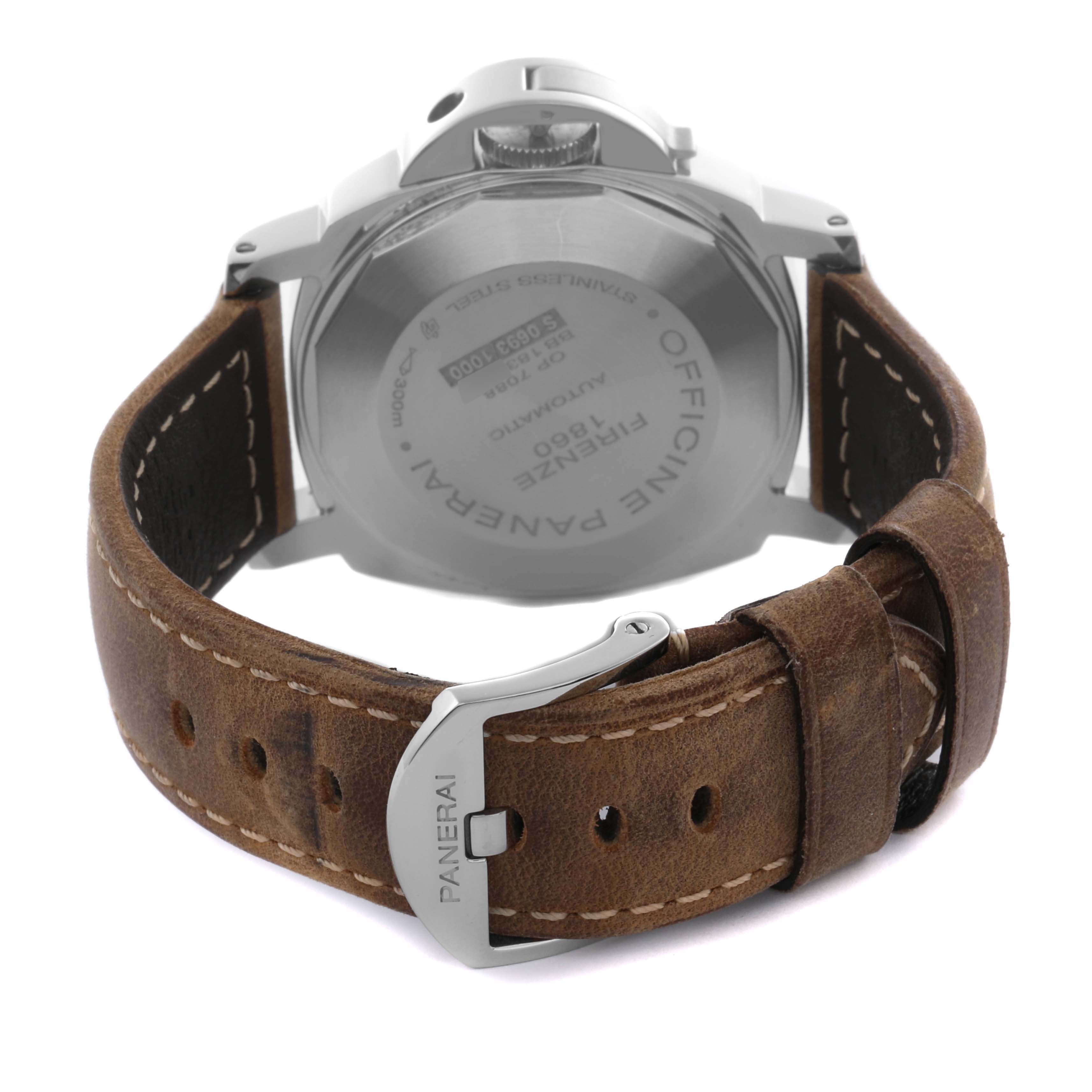 The image shows the back of a Panerai Luminor PAM01088 Men's Stainless Steel Black Dial PAM01088 Men's Stainless Steel Black Dial watch with a leather strap and clasp engraved with the brand logo.