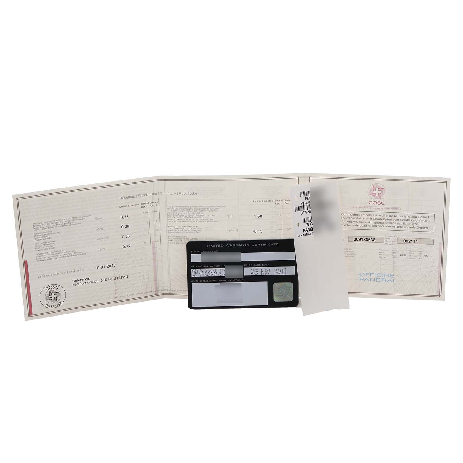 The image shows warranty documents and certification papers for a Panerai Luminor PAM01088 Men's Stainless Steel Black Dial PAM01088 Men's Stainless Steel Black Dial watch, laid flat.