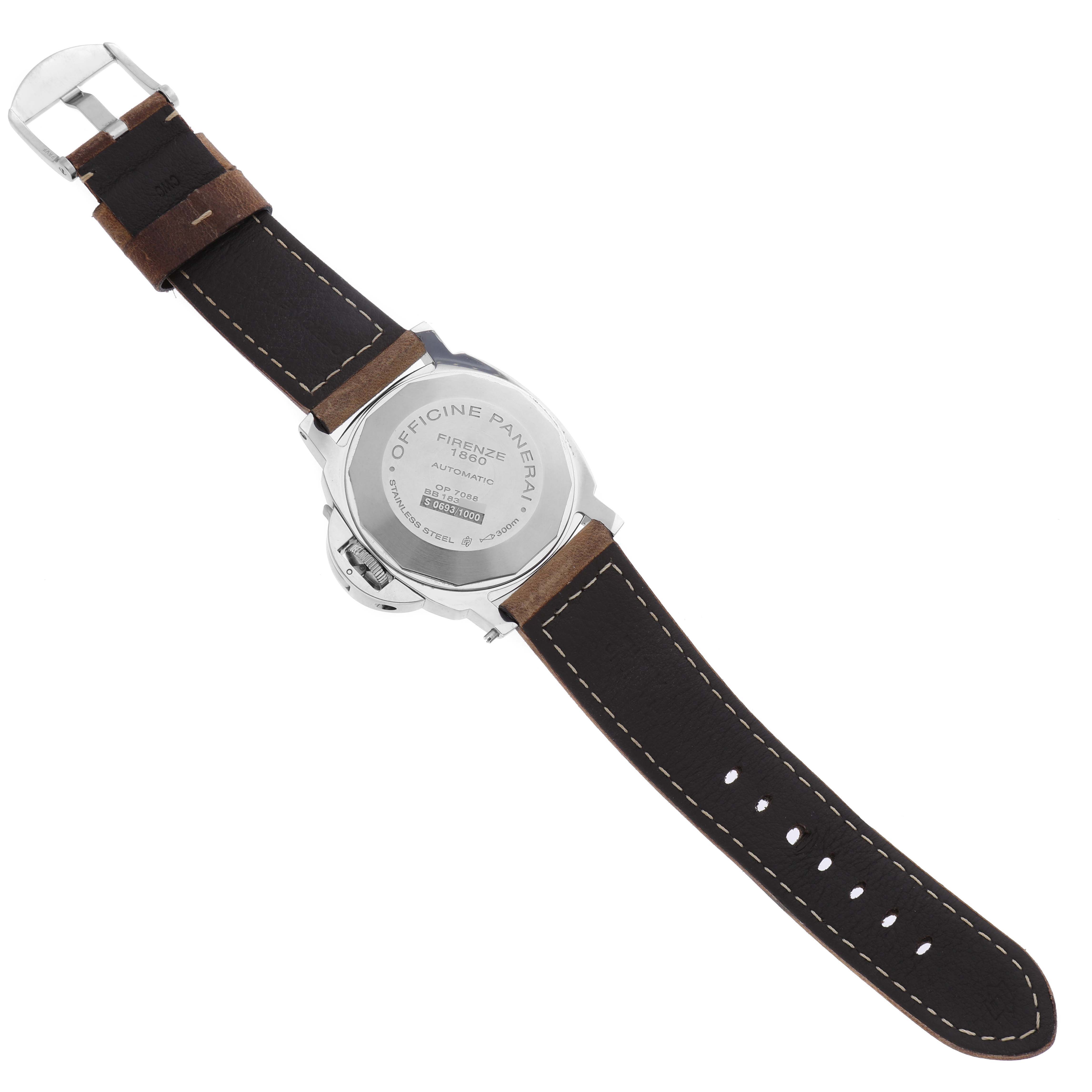 The image shows the back of a Panerai Luminor PAM01088 Men's Stainless Steel Black Dial PAM01088 Men's Stainless Steel Black Dial watch, highlighting the case back and strap.