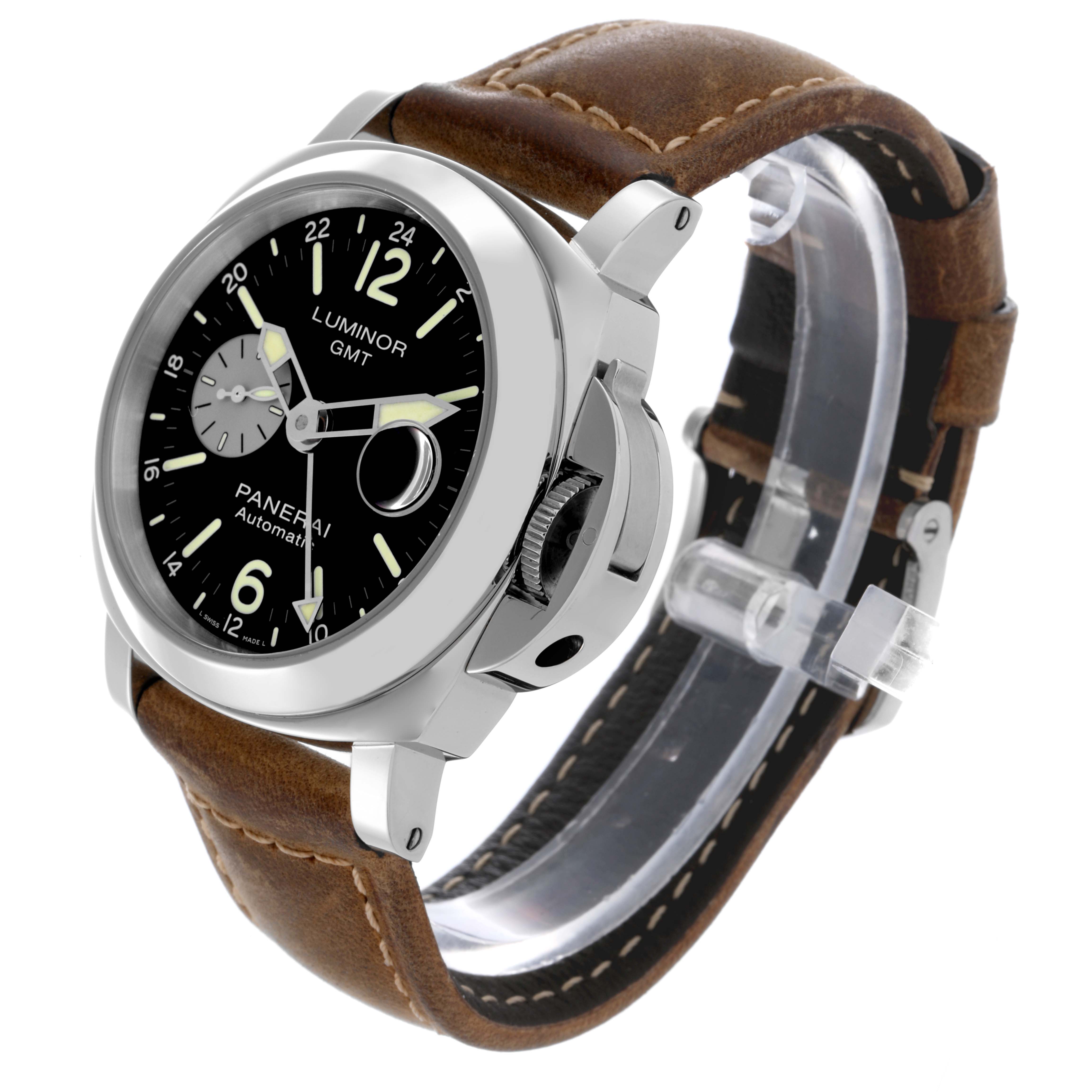 The image shows a Panerai Luminor PAM01088 Men's Stainless Steel Black Dial PAM01088 Men's Stainless Steel Black Dial watch at a three-quarter angle, highlighting the face, crown, and leather strap.
