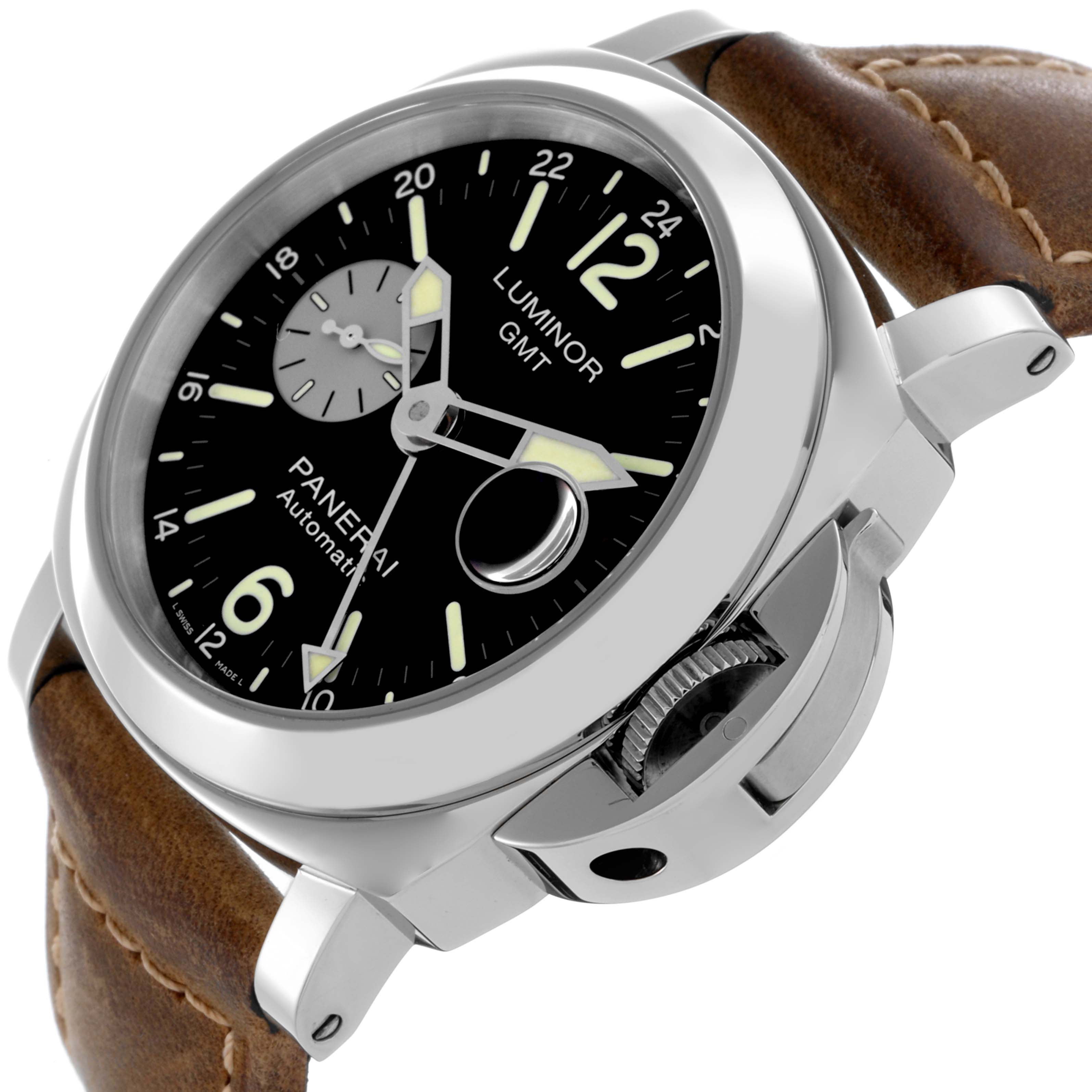 The Panerai Luminor PAM01088 Men's Stainless Steel Black Dial PAM01088 Men's Stainless Steel Black Dial watch is shown at an angle highlighting the face, bezel, crown, and leather strap.