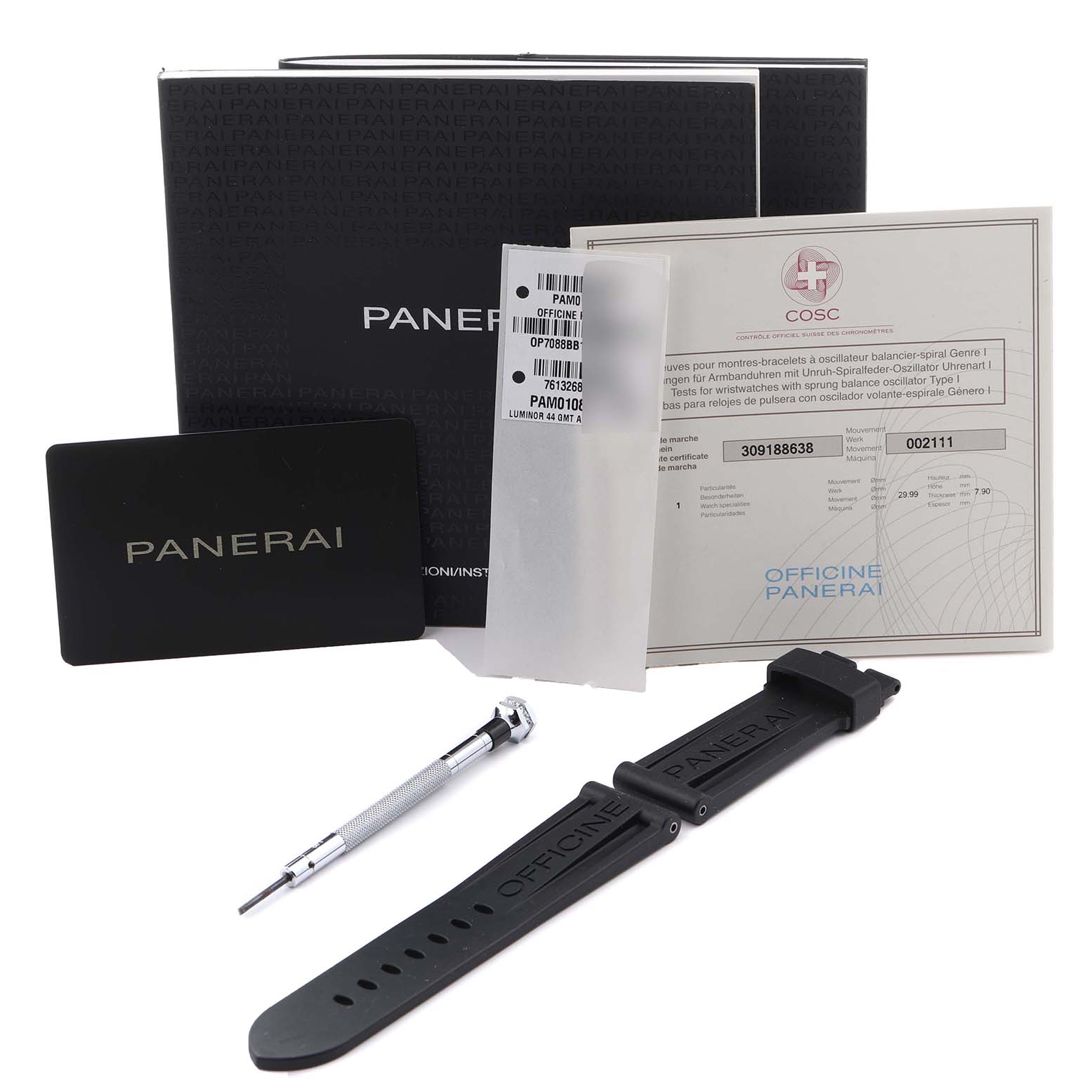 The image shows the packaging and accessories for a Panerai Luminor PAM01088 Men's Stainless Steel Black Dial PAM01088 Men's Stainless Steel Black Dial model, including a strap, screwdriver, and documentation.
