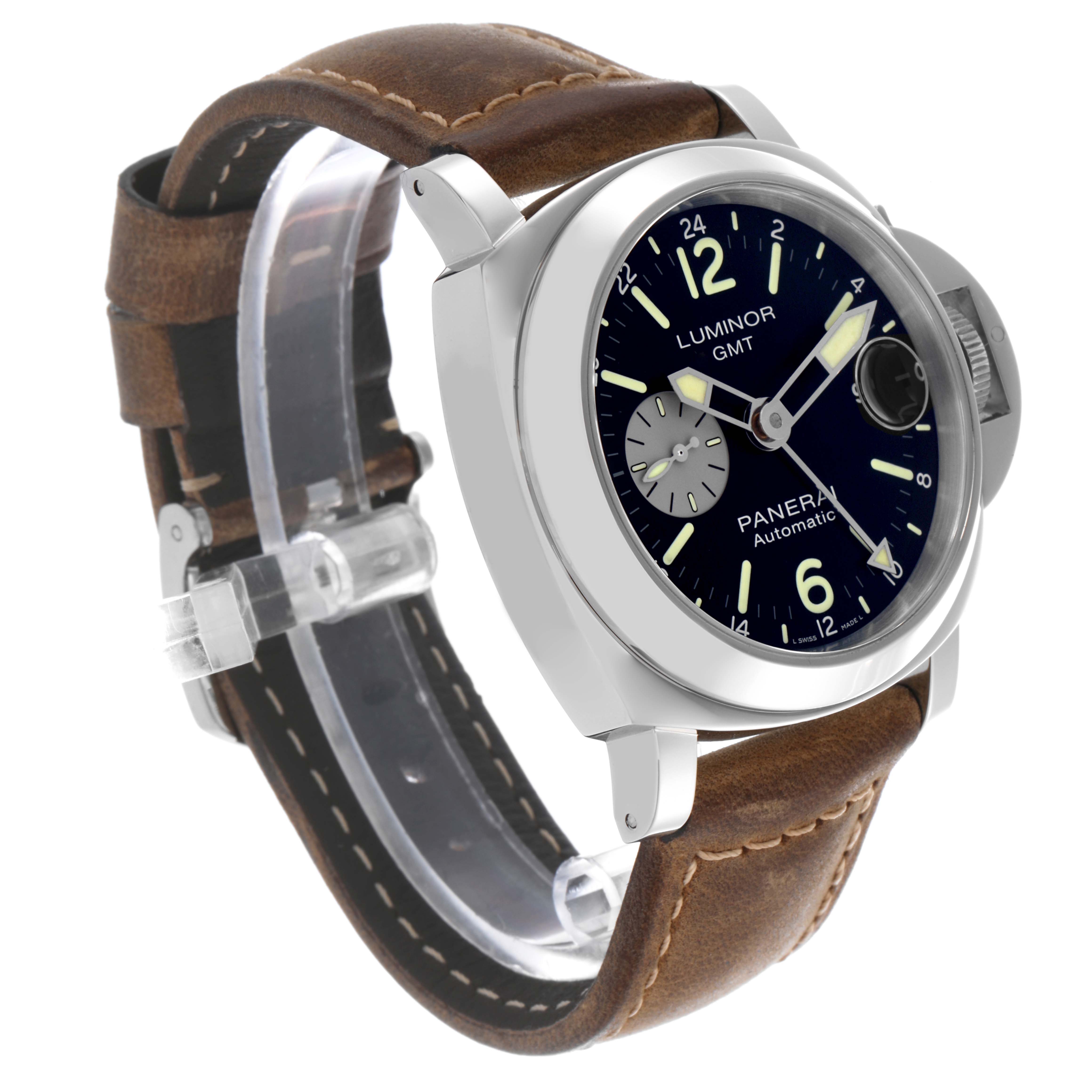 The Panerai Luminor PAM01088 Men's Stainless Steel Black Dial PAM01088 Men's Stainless Steel Black Dial watch is shown at a slight angle, highlighting the face, crown, and leather strap.