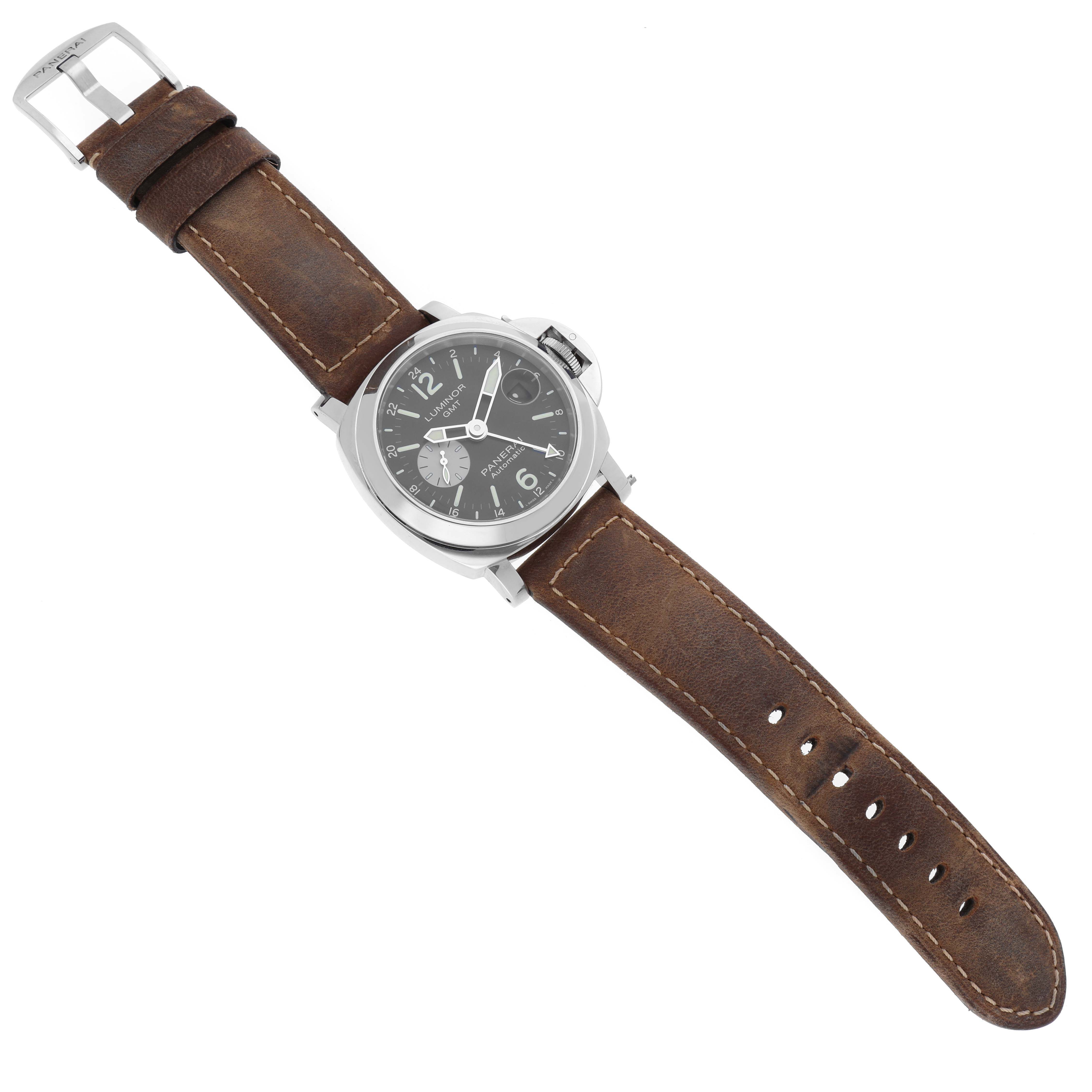 The Panerai Luminor PAM01088 Men's Stainless Steel Black Dial PAM01088 Men's Stainless Steel Black Dial watch is shown from a top view, displaying the face, crown guard, and brown leather strap.