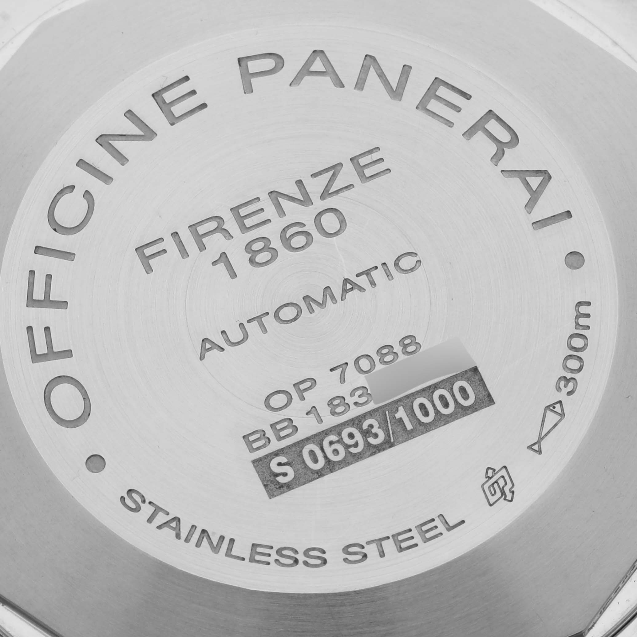 The image shows the back case of a Panerai Luminor PAM01088 Men's Stainless Steel Black Dial PAM01088 Men's Stainless Steel Black Dial watch, featuring engravings with model details and a serial number.