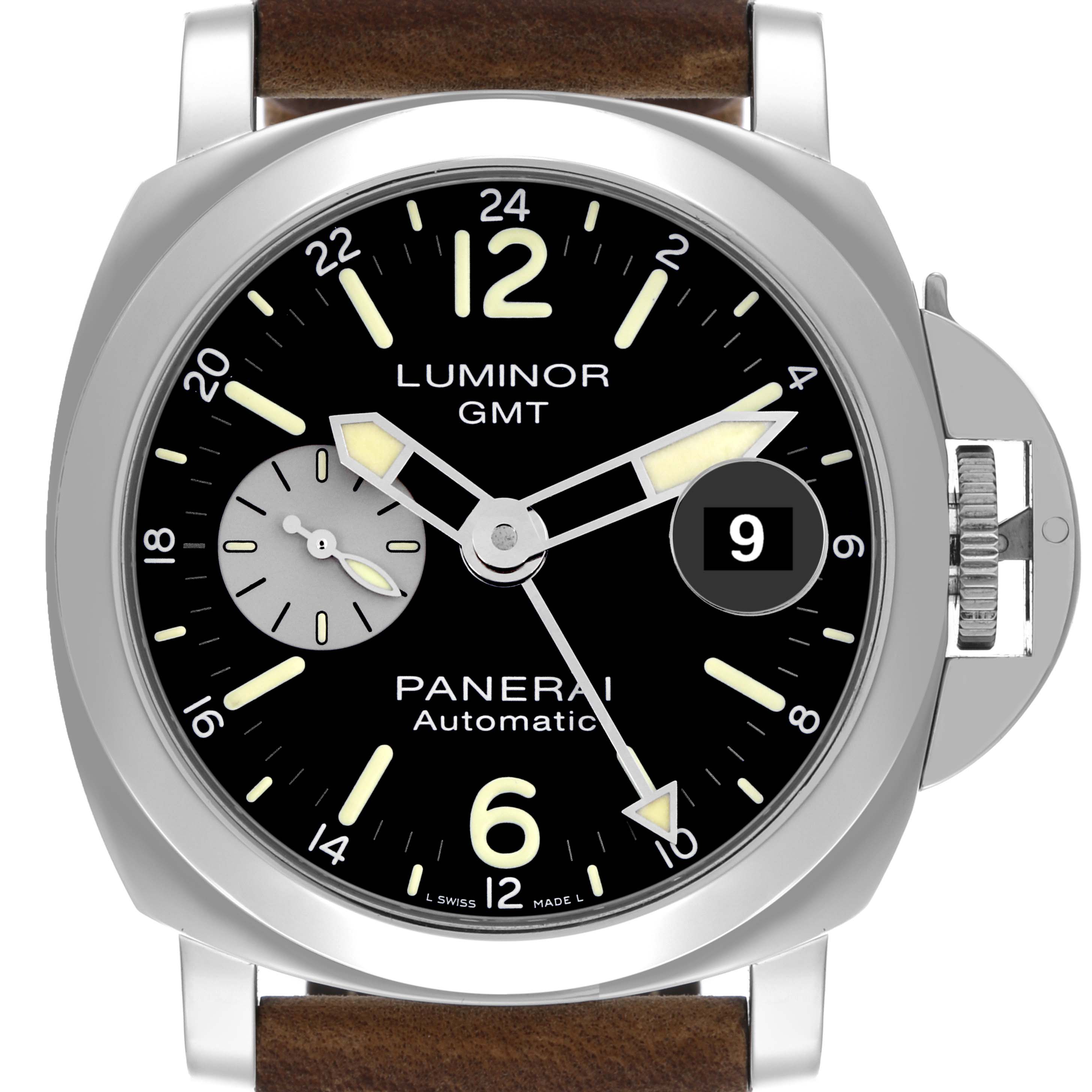 The Panerai Luminor PAM01088 Men's Stainless Steel Black Dial PAM01088 Men's Stainless Steel Black Dial watch is shown from the front, displaying its black dial, luminous markers, date function, and crown guard.