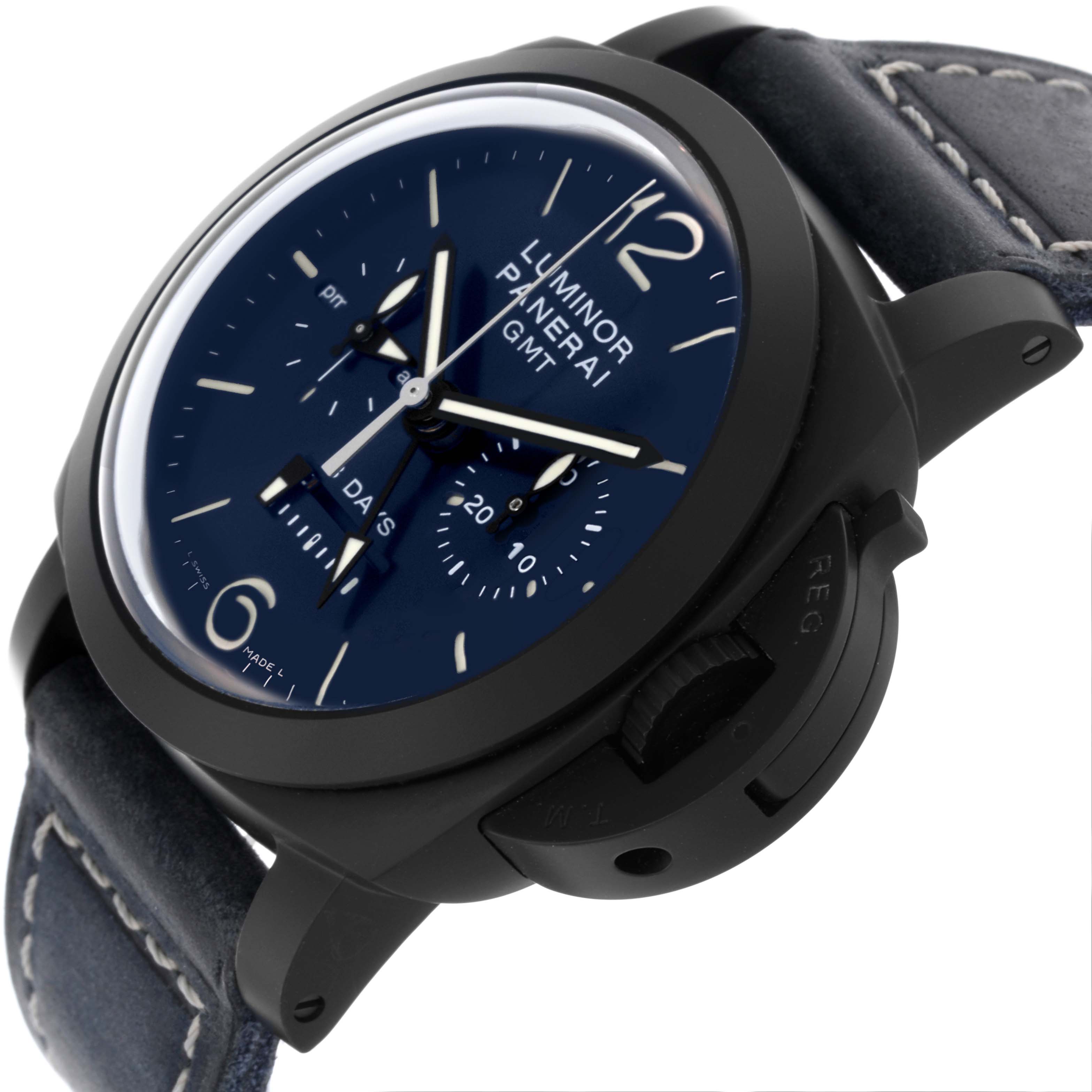The Panerai Luminor PAM01135 Men's Titanium Blue Dial PAM01135 Men's Titanium Blue Dial watch is shown at a slight side angle displaying the face, bezel, case, strap, and crown guard.