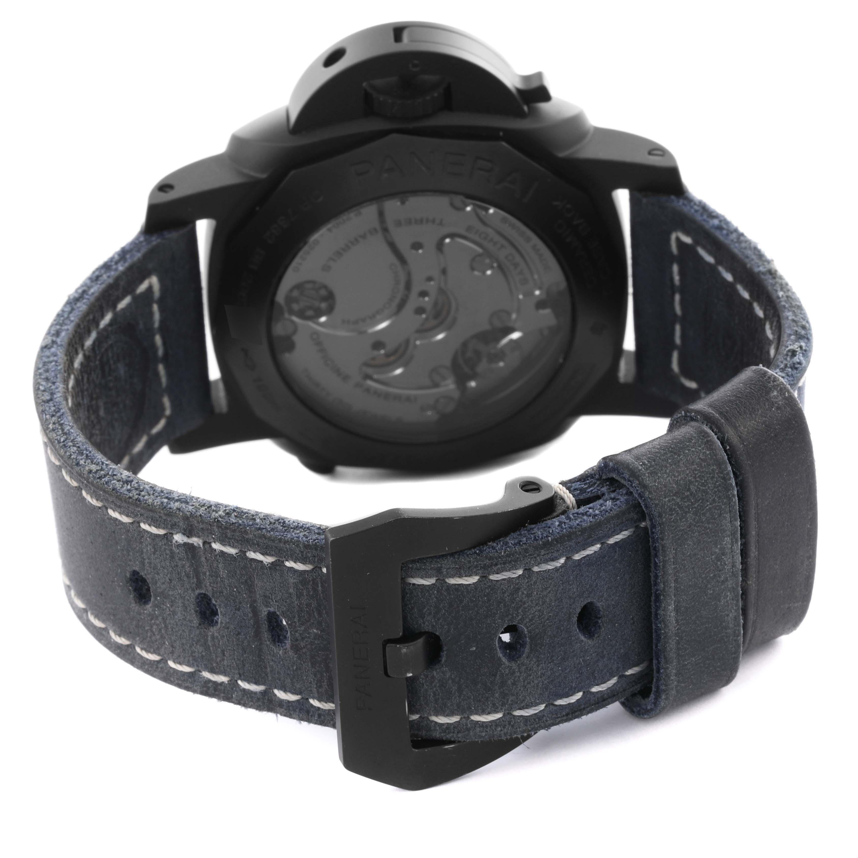 The image shows the back of a Panerai Luminor PAM01135 Men's Titanium Blue Dial PAM01135 Men's Titanium Blue Dial watch, highlighting the case back and leather strap with visible stitching.