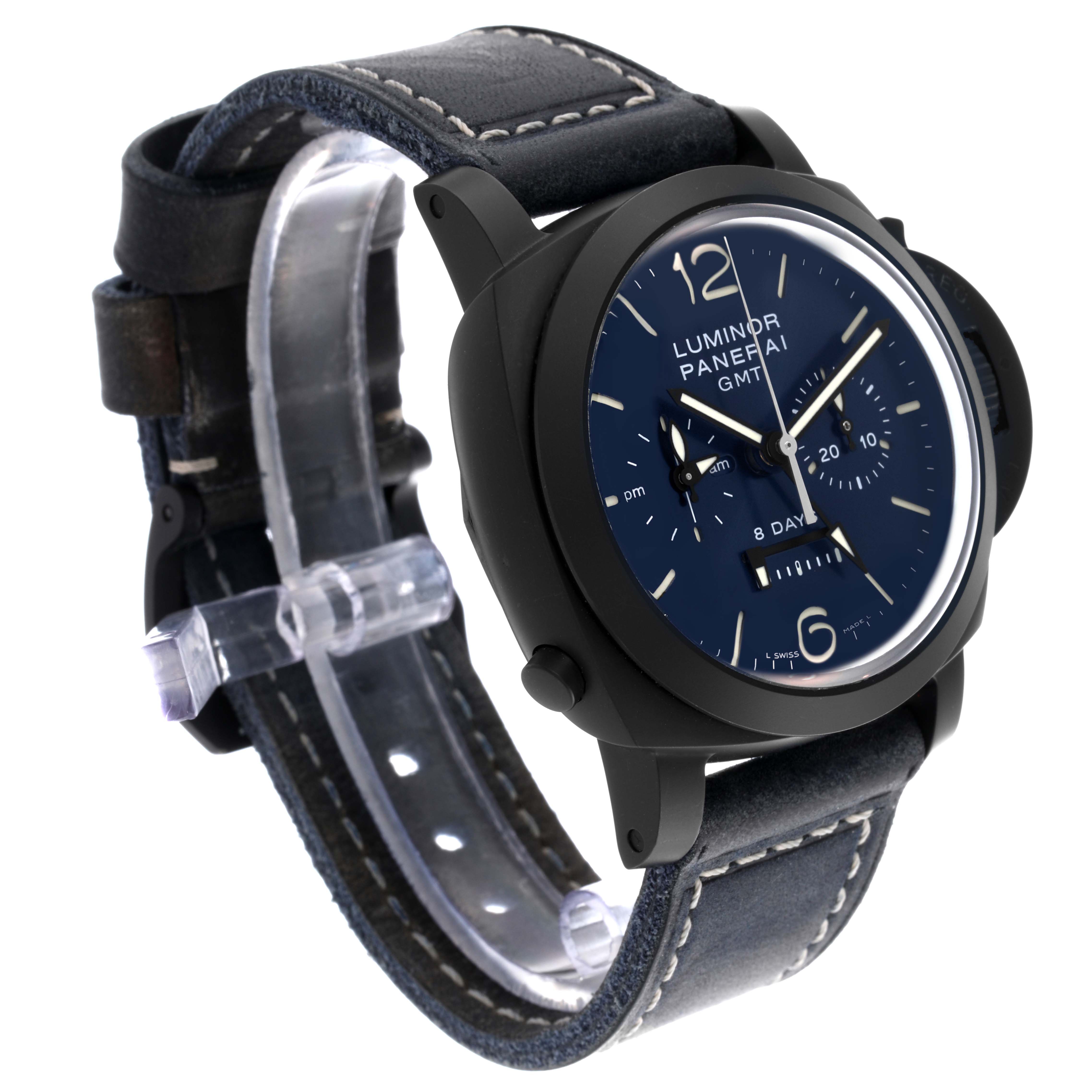 The Panerai Luminor PAM01135 Men's Titanium Blue Dial PAM01135 Men's Titanium Blue Dial watch is shown at an angled side view, displaying the face, case, and strap.