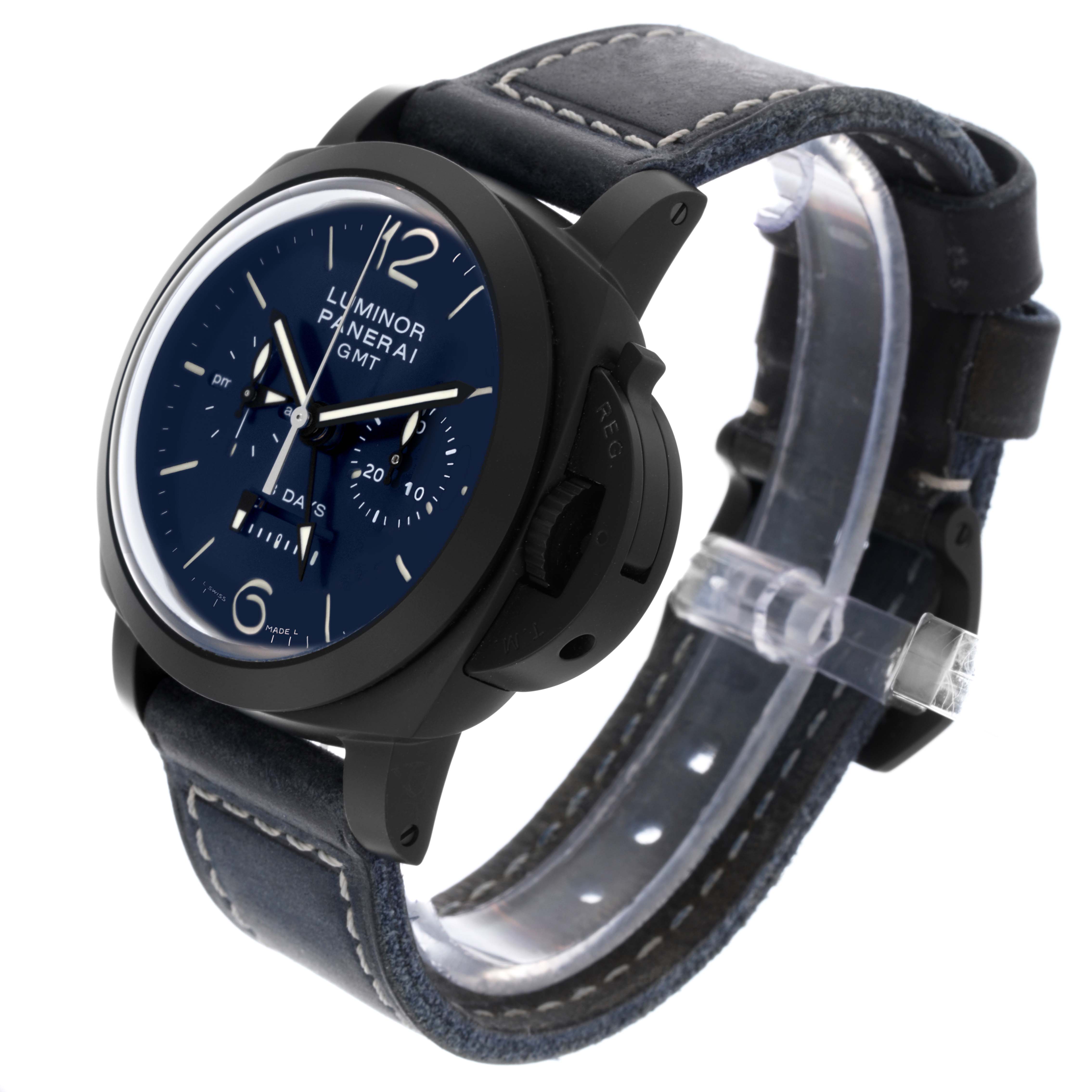 The Panerai Luminor PAM01135 Men's Titanium Blue Dial PAM01135 Men's Titanium Blue Dial watch is shown at a slight side angle, highlighting the dial, case, crown guard, and part of the leather strap.