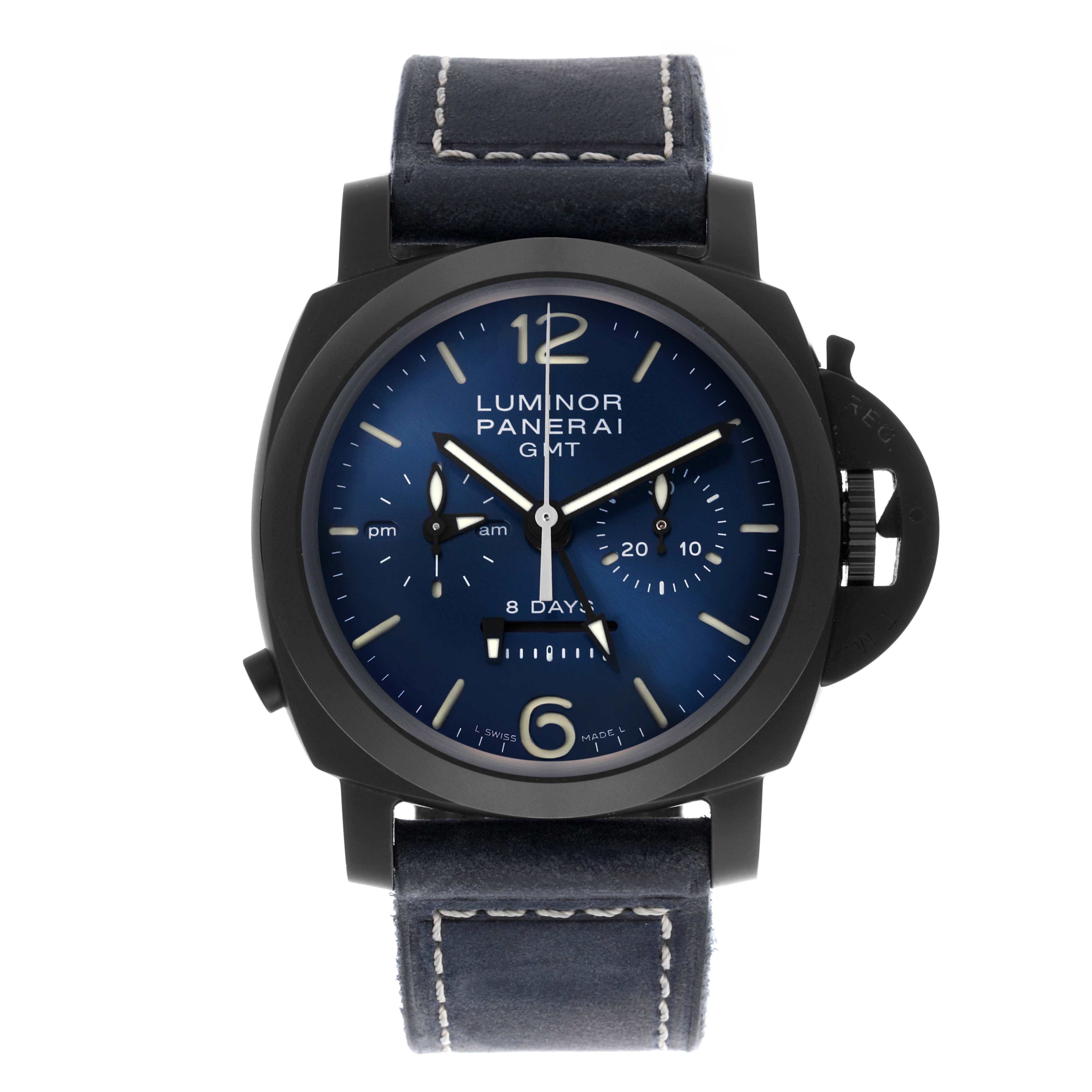 The Panerai Luminor PAM01135 Men's Titanium Blue Dial PAM01135 Men's Titanium Blue Dial model is shown from the front, displaying the watch face, case, crown guard, and leather strap.