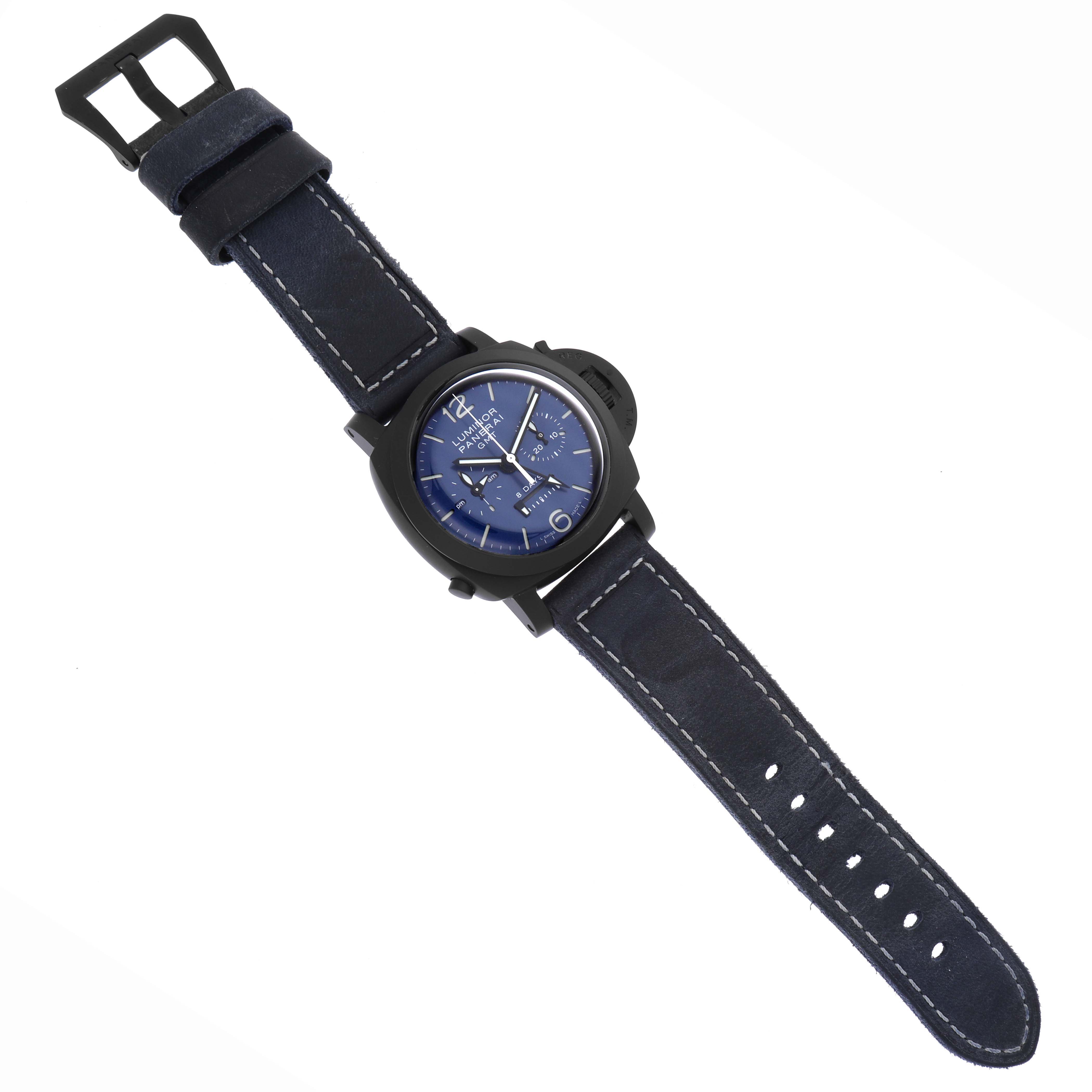 The Panerai Luminor PAM01135 Men's Titanium Blue Dial PAM01135 Men's Titanium Blue Dial watch is shown at a slight angle, highlighting its blue dial, strap, and buckle.