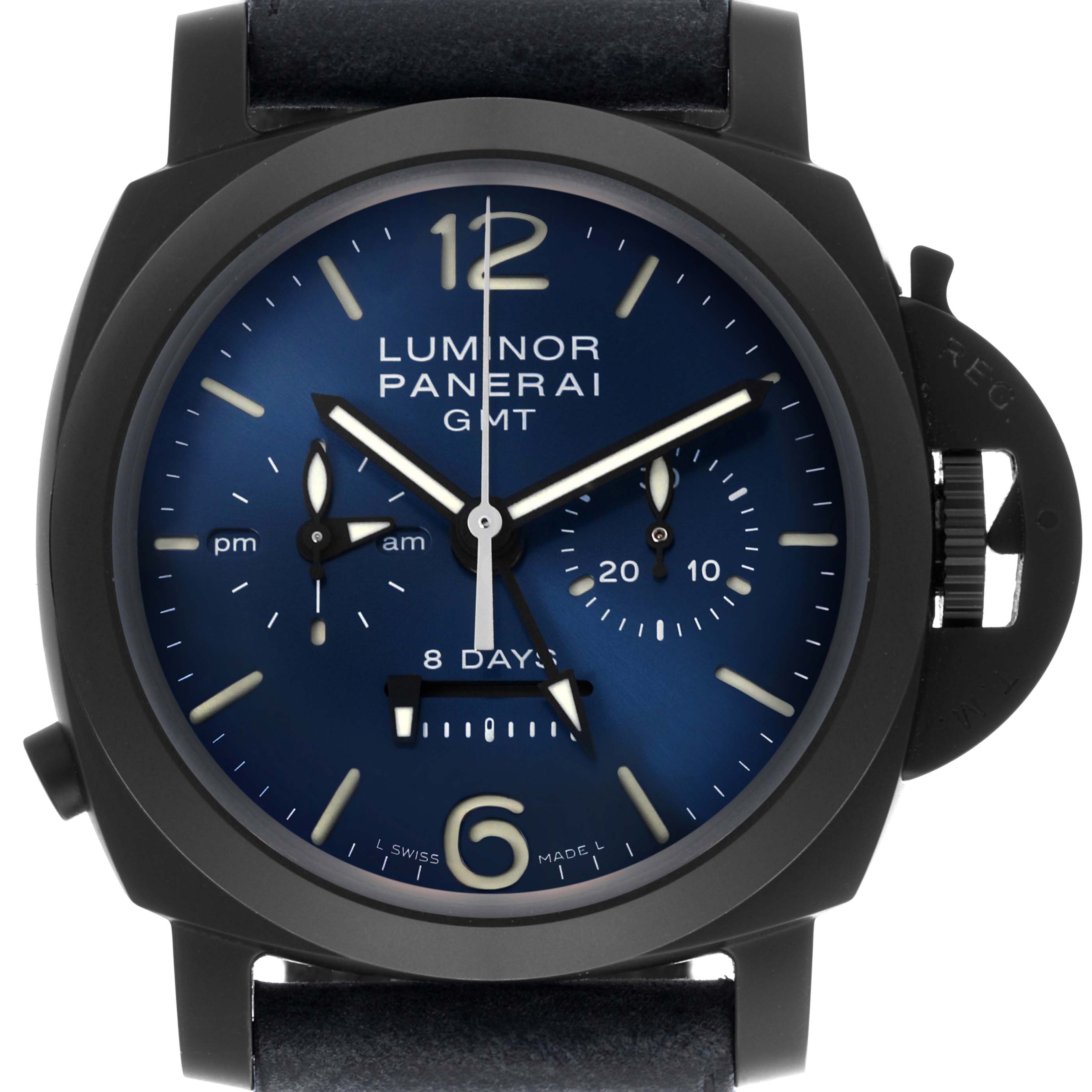 The Panerai Luminor PAM01135 Men's Titanium Blue Dial PAM01135 Men's Titanium Blue Dial watch is shown from the front, displaying its dial, hands, and crown guard.