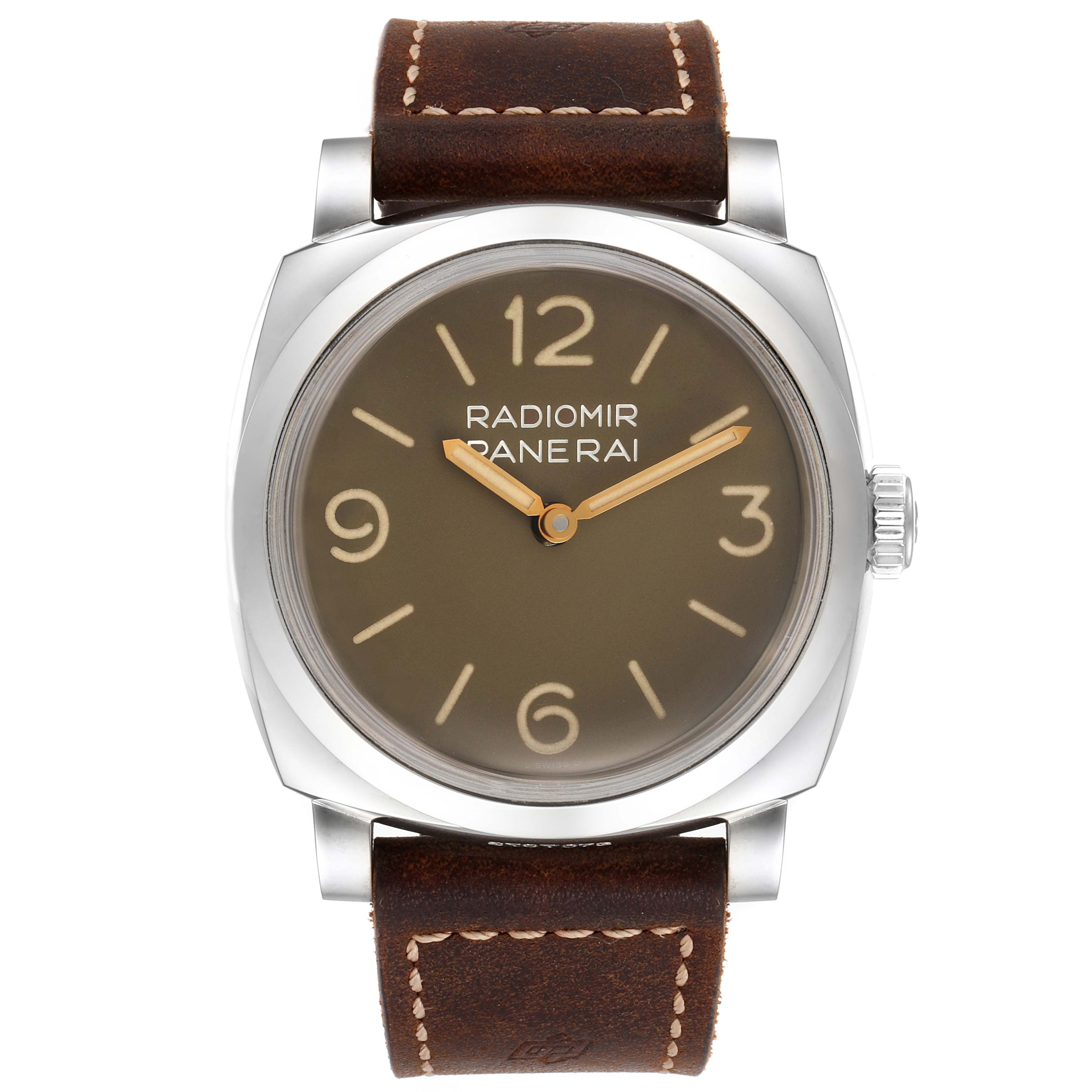 This image shows a front view of the Panerai Radiomir PAM00662 Men's Stainless Steel Brown Dial PAM00662 Men's Stainless Steel Brown Dial watch, featuring its dial, hands, case, crown, and strap.