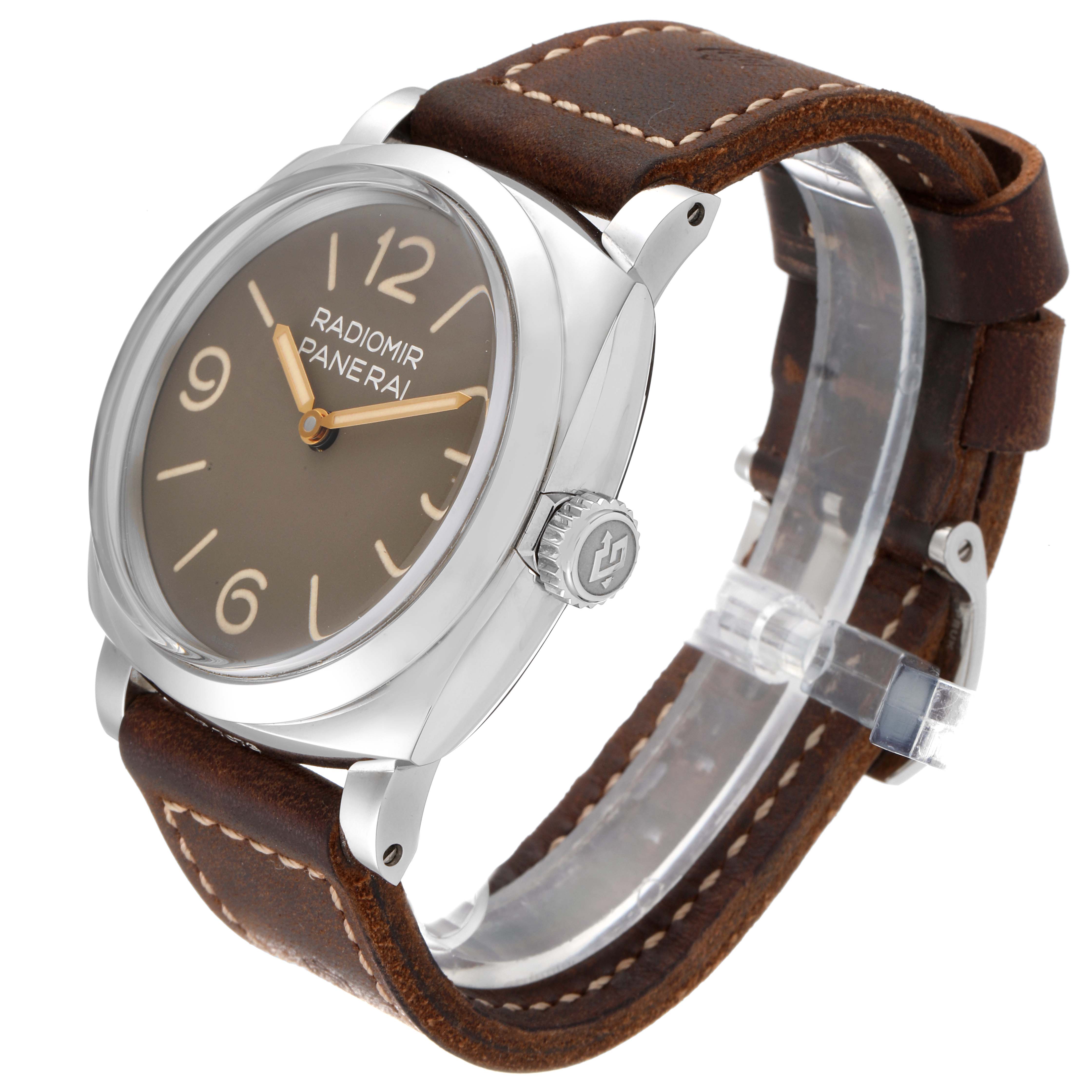 The Panerai Radiomir PAM00662 Men's Stainless Steel Brown Dial PAM00662 Men's Stainless Steel Brown Dial watch is shown at an angled side view, highlighting the dial, case, crown, and leather strap.