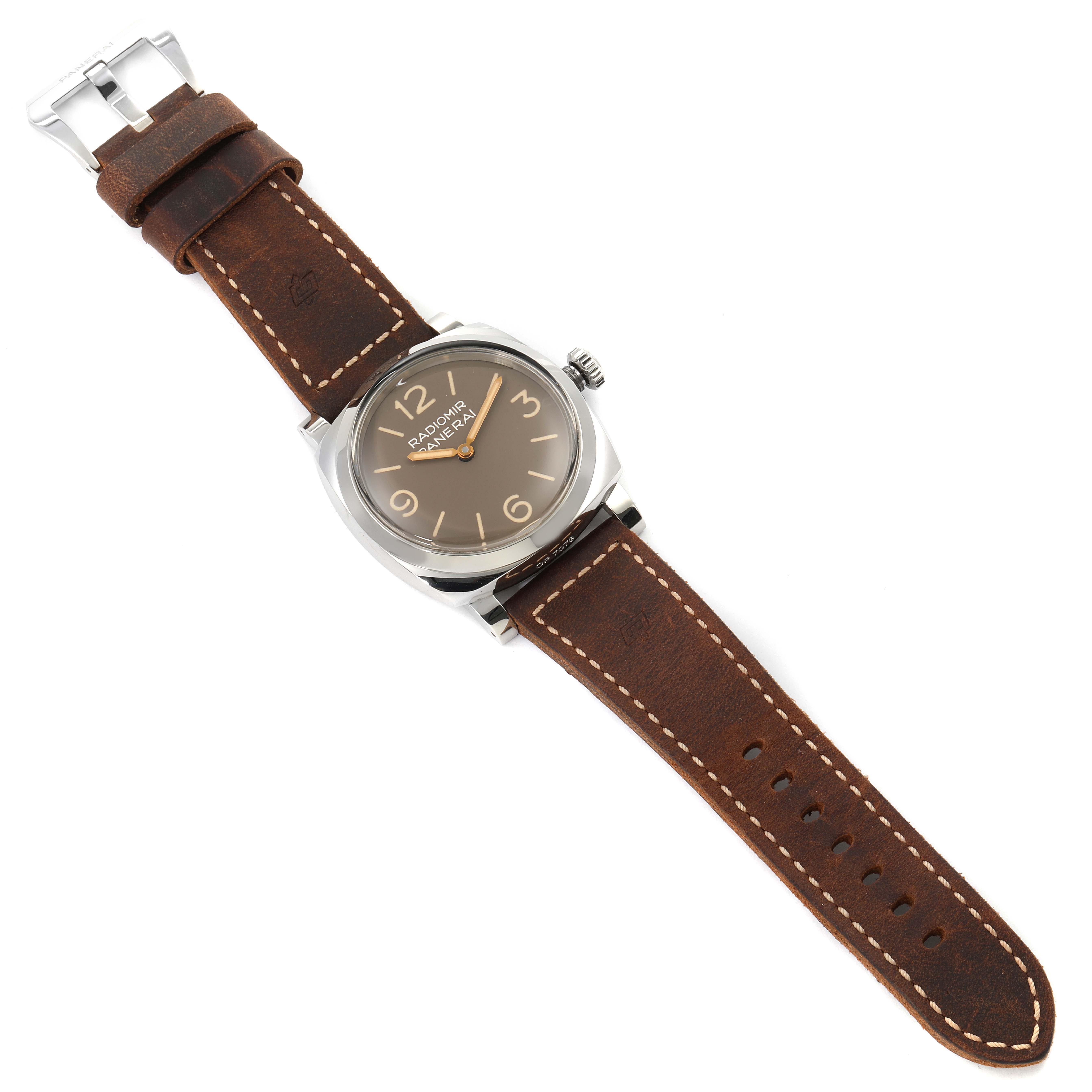 The Panerai Radiomir PAM00662 Men's Stainless Steel Brown Dial PAM00662 Men's Stainless Steel Brown Dial watch is shown from a top-down angle, displaying the full face, crown, and brown leather strap.