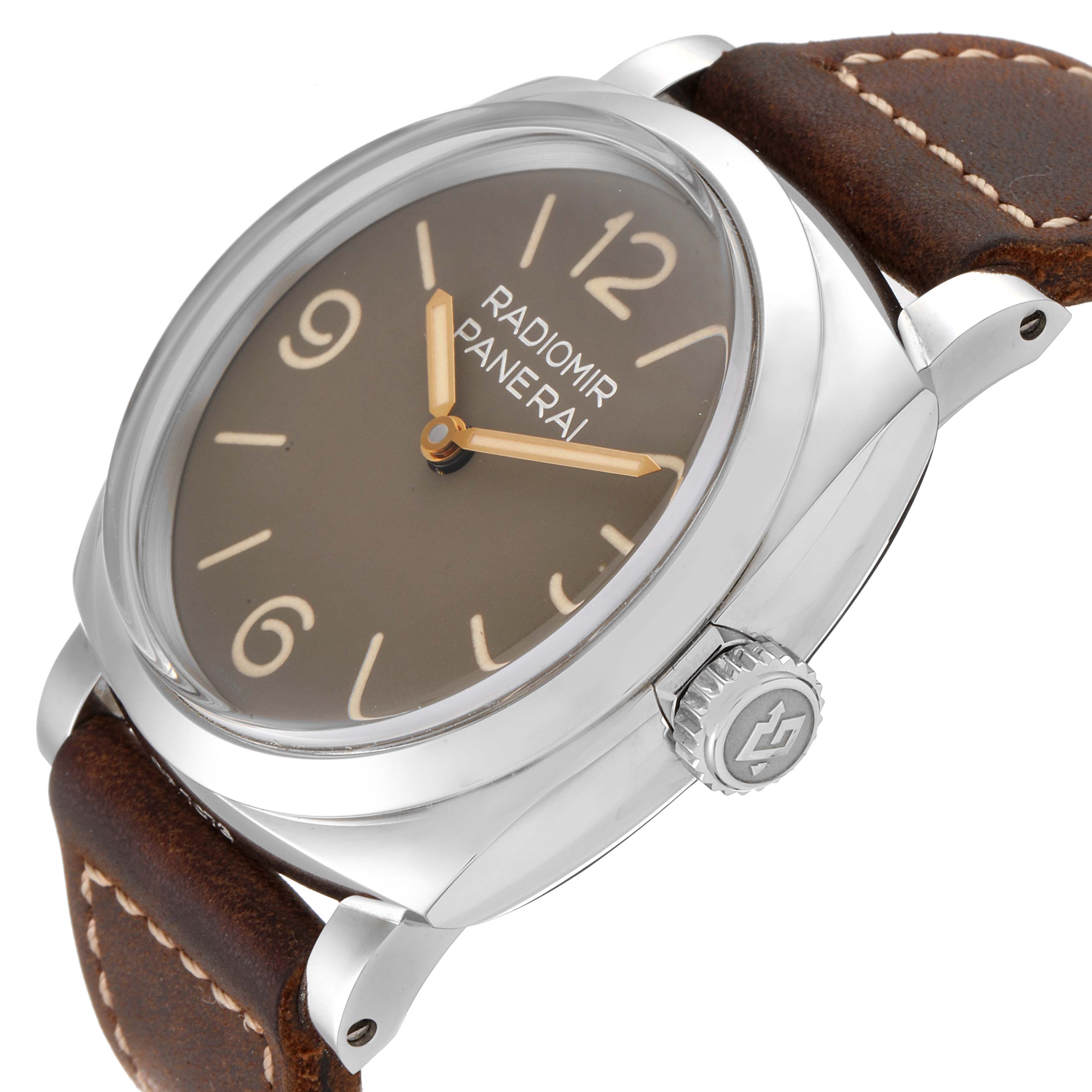 The image shows a close-up side angle of the Panerai Radiomir PAM00662 Men's Stainless Steel Brown Dial PAM00662 Men's Stainless Steel Brown Dial watch, highlighting its dial, crown, and leather strap.